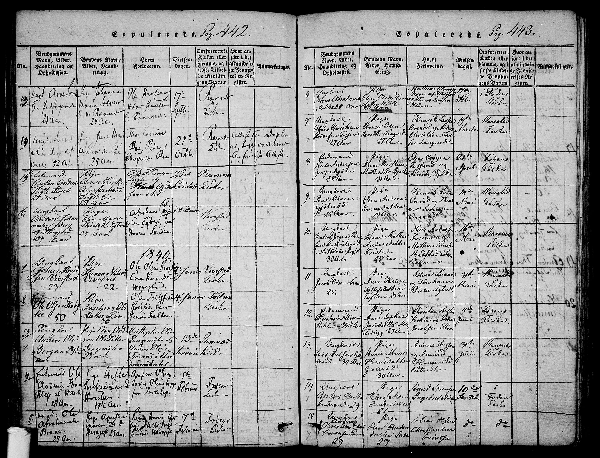 Ramnes kirkebøker, SAKO/A-314/F/Fa/L0004: Parish register (official) no. I 4, 1813-1840, p. 442-443