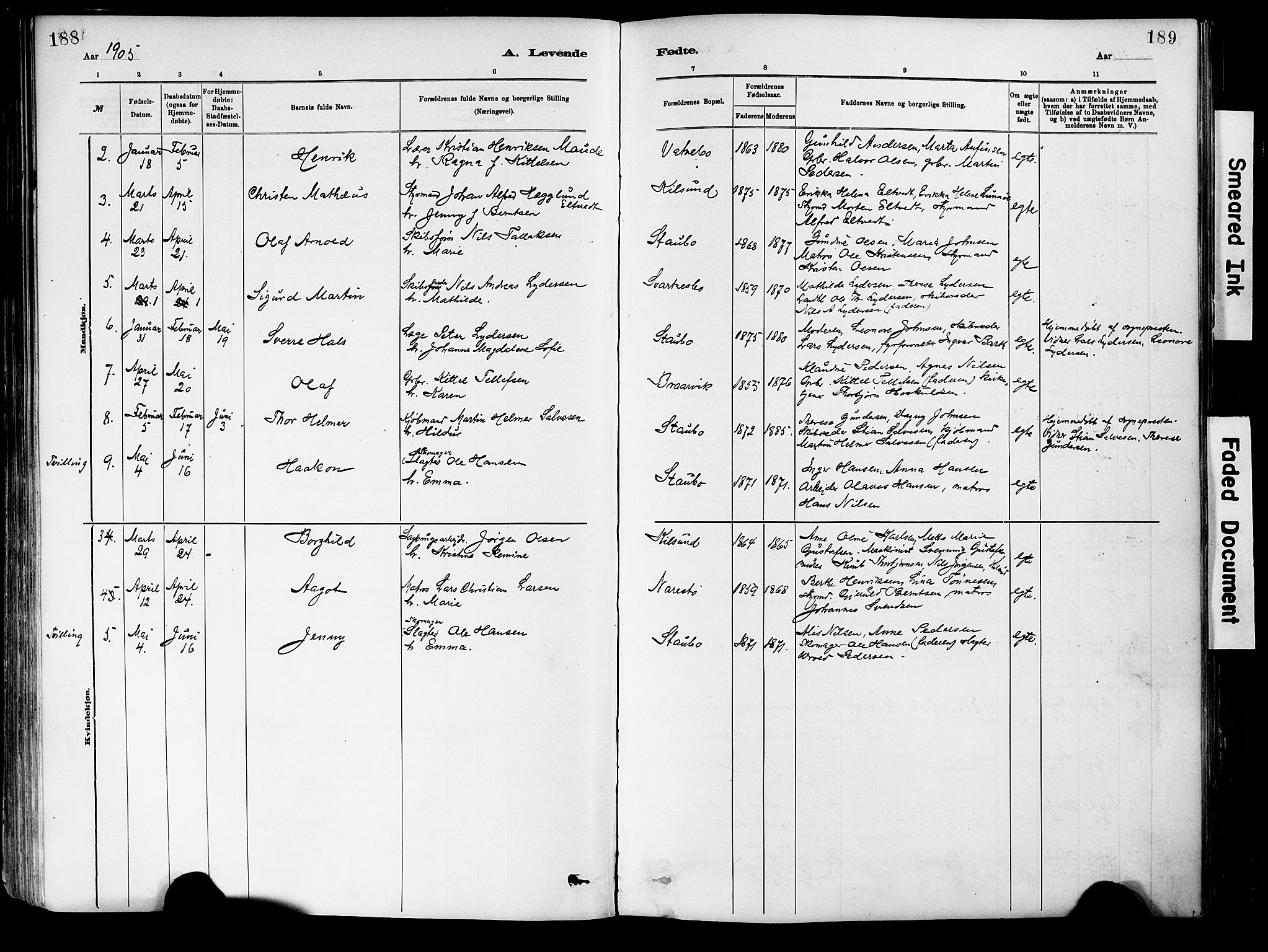 Dypvåg sokneprestkontor, AV/SAK-1111-0007/F/Fa/Fab/L0001: Parish register (official) no. A 1, 1885-1912, p. 188-189