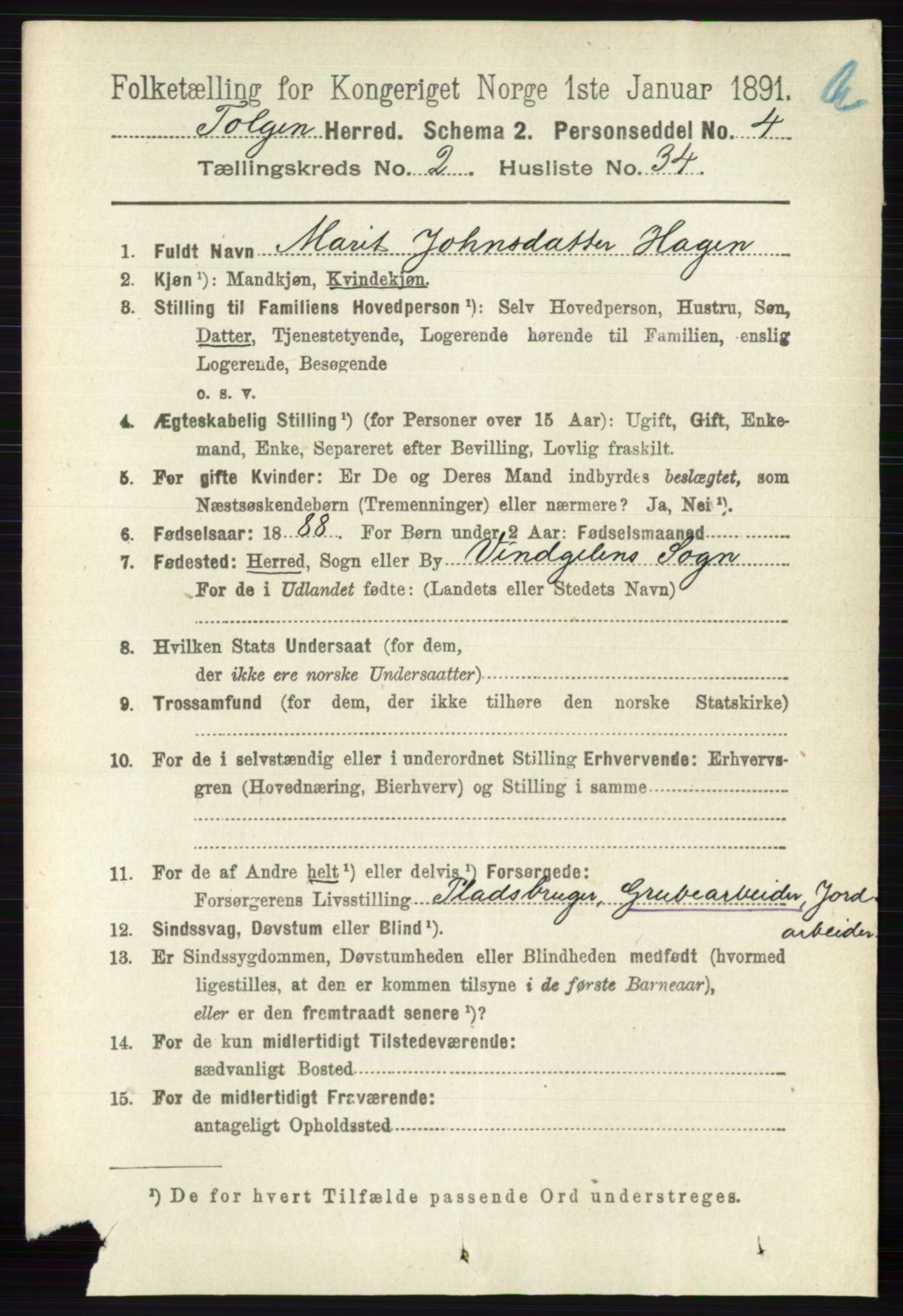 RA, 1891 census for 0436 Tolga, 1891, p. 494