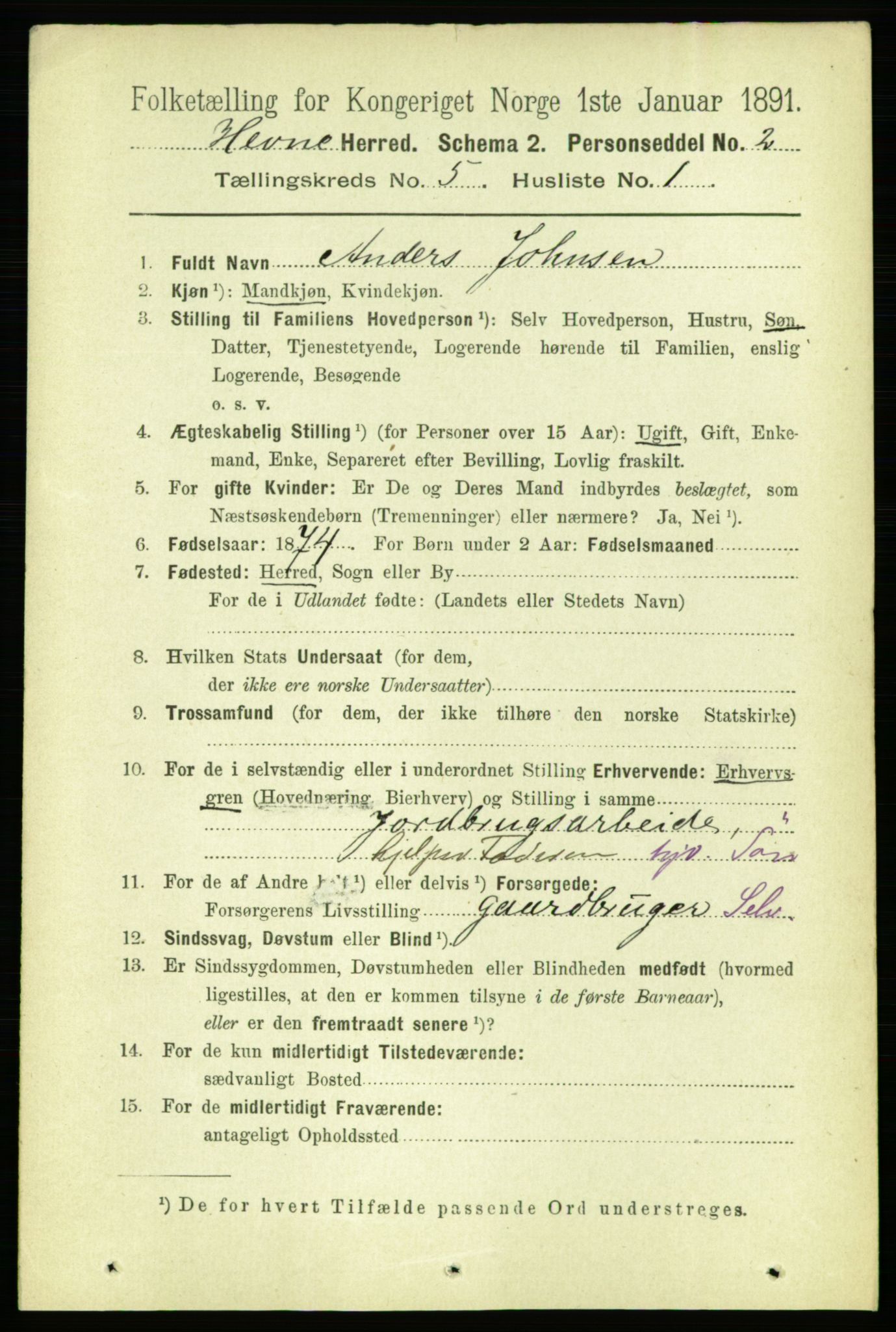 RA, 1891 census for 1612 Hemne, 1891, p. 2481