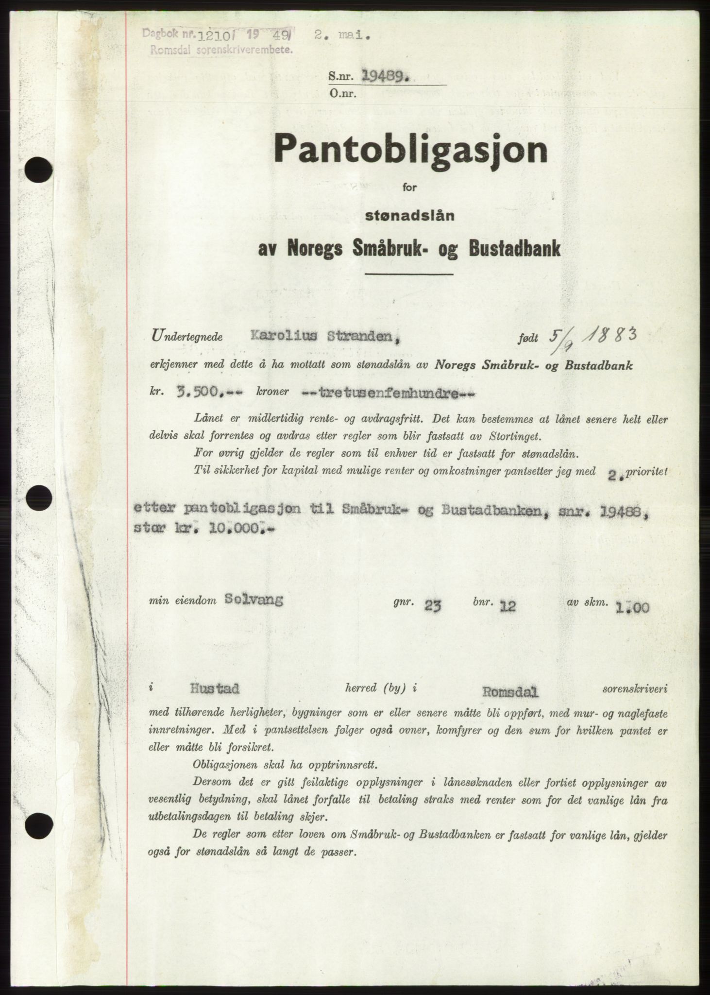 Romsdal sorenskriveri, AV/SAT-A-4149/1/2/2C: Mortgage book no. B4, 1948-1949, Diary no: : 1210/1949