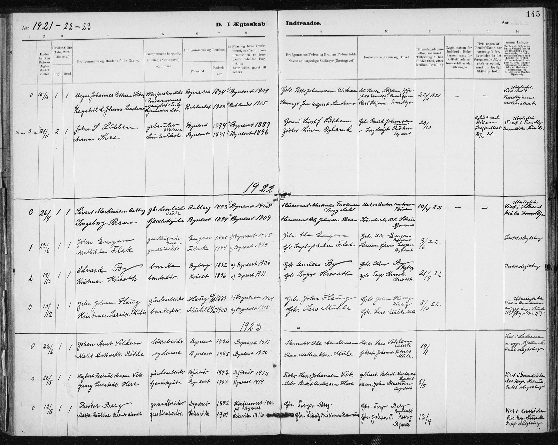 Ministerialprotokoller, klokkerbøker og fødselsregistre - Sør-Trøndelag, SAT/A-1456/612/L0381: Parish register (official) no. 612A13, 1907-1923, p. 145