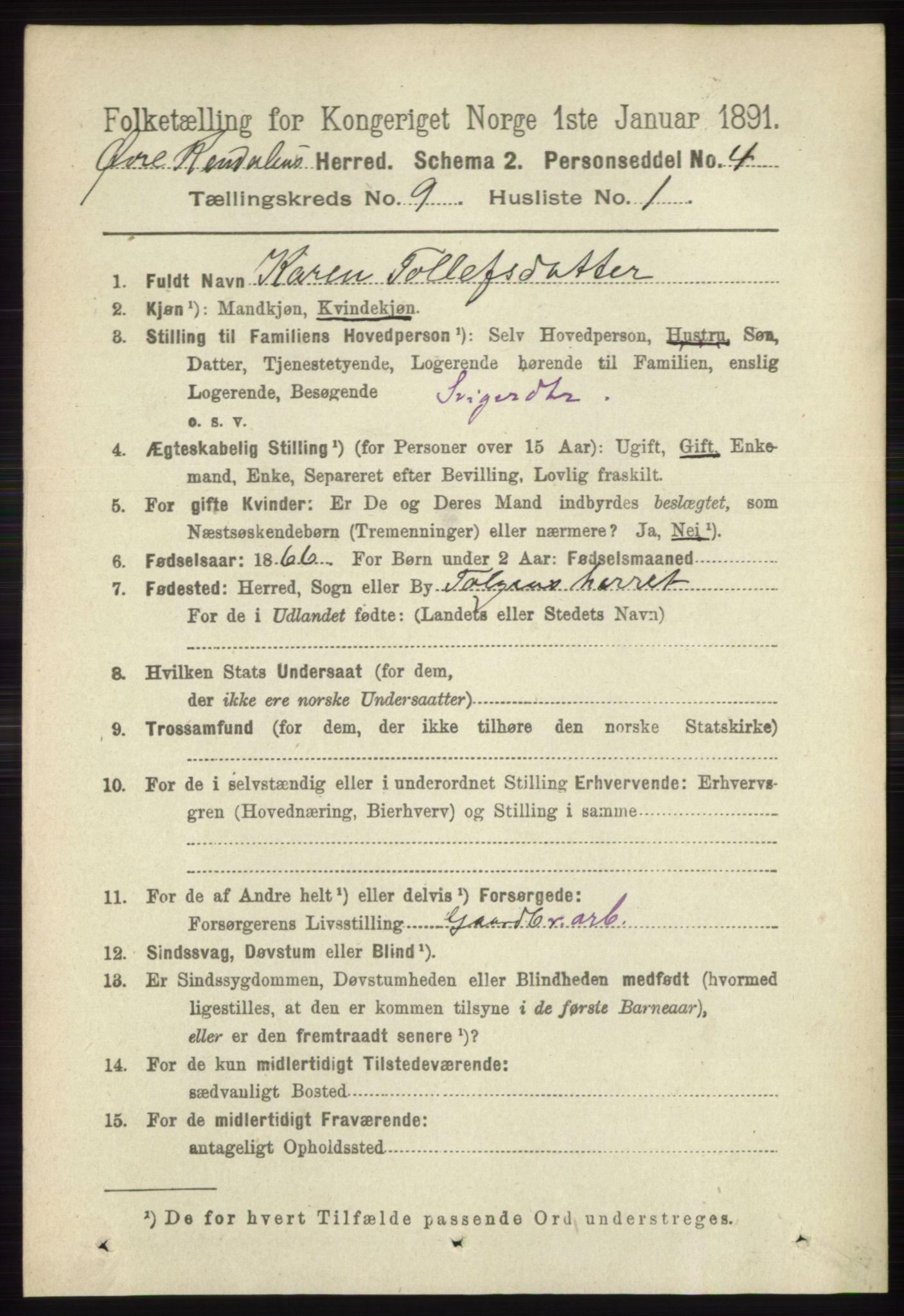 RA, 1891 census for 0433 Øvre Rendal, 1891, p. 2193