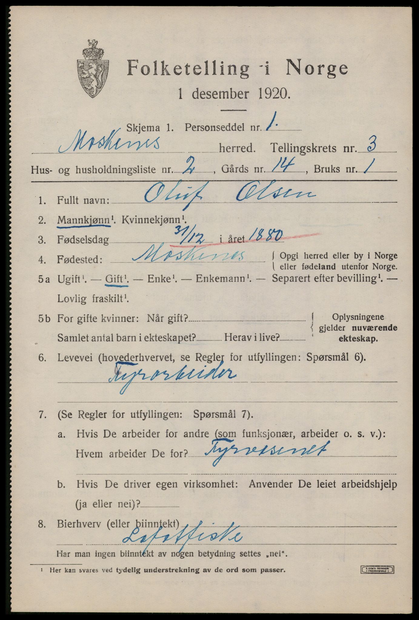 SAT, 1920 census for Moskenes, 1920, p. 1748