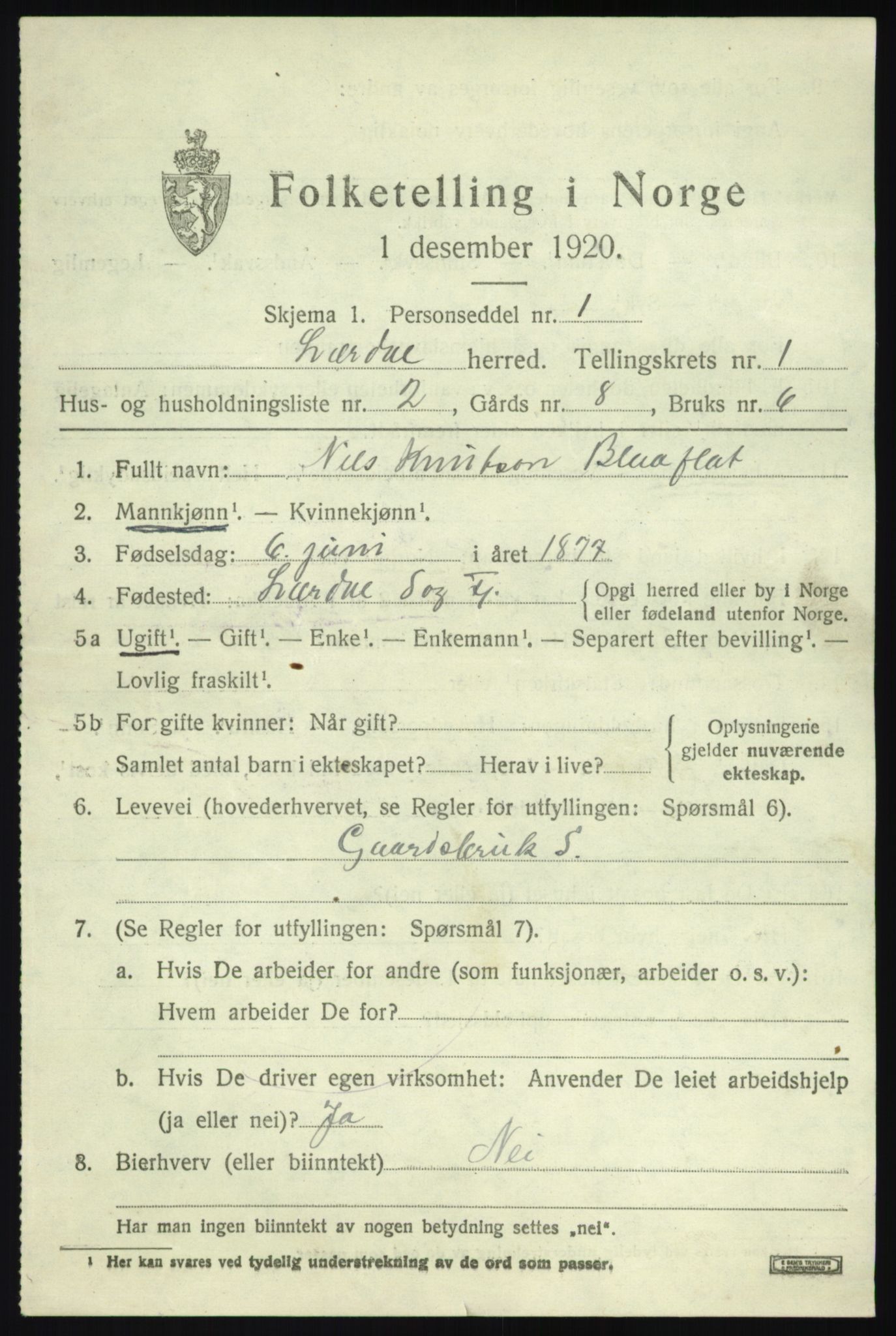 SAB, 1920 census for Lærdal, 1920, p. 808