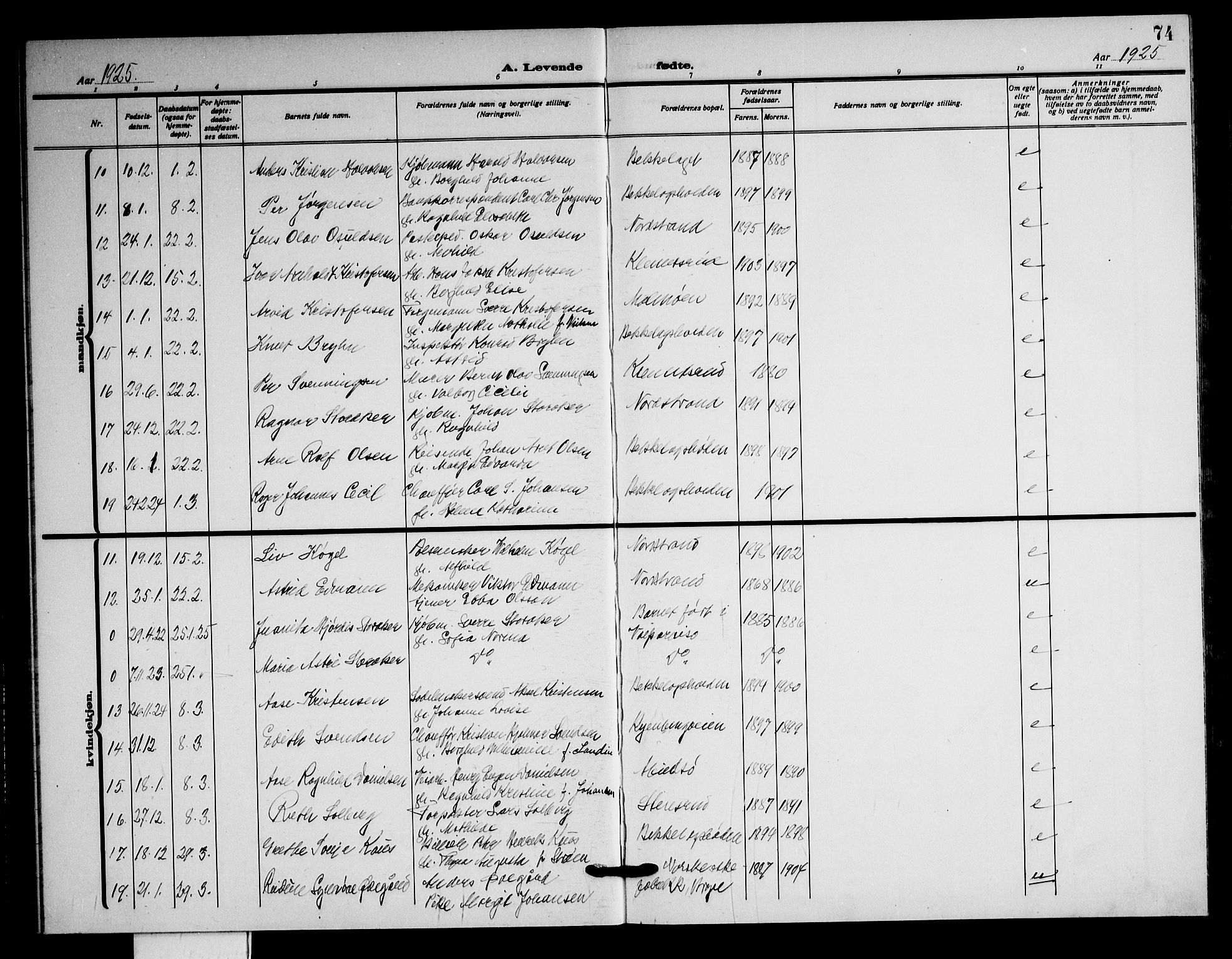 Nordstrand prestekontor Kirkebøker, SAO/A-10362a/G/Ga/L0002: Parish register (copy) no. I 2, 1918-1925, p. 74
