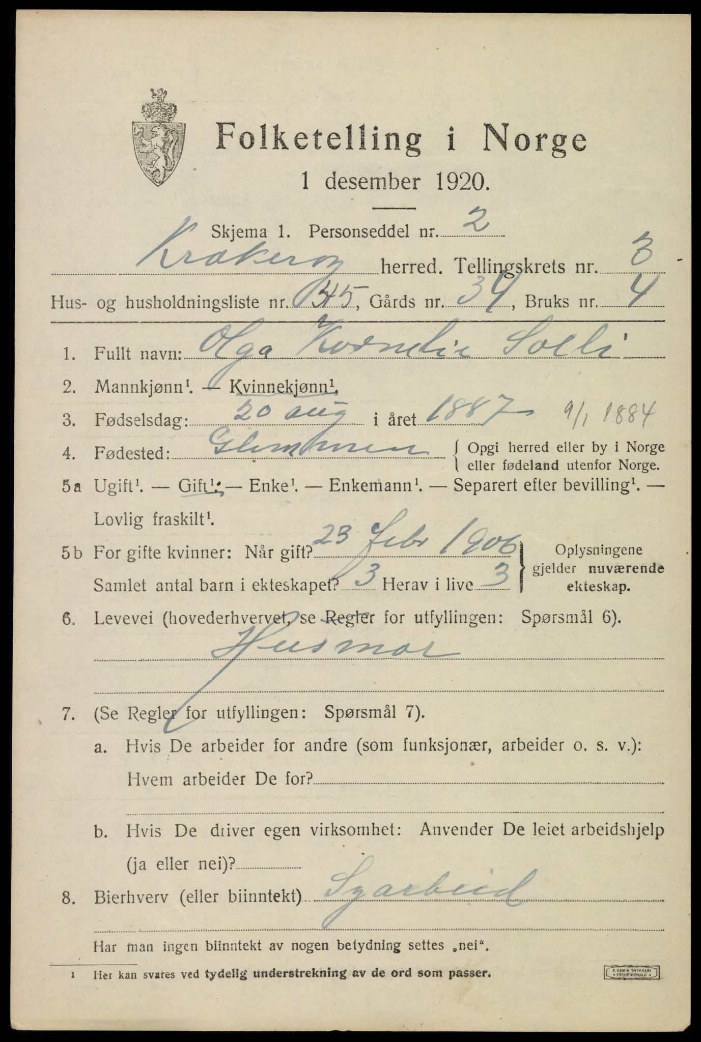 SAO, 1920 census for Kråkerøy, 1920, p. 4868