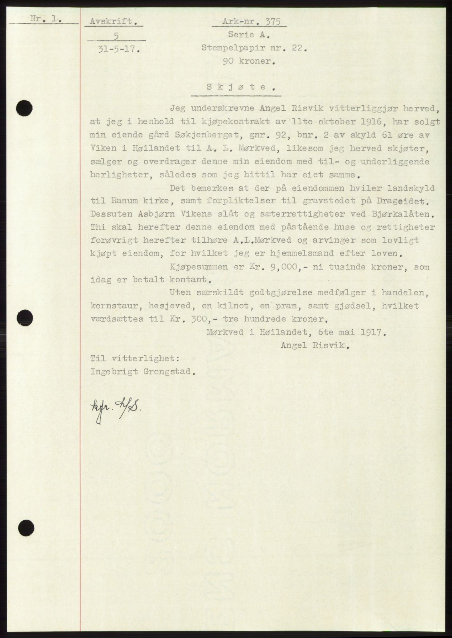 Namdal sorenskriveri, SAT/A-4133/1/2/2C: Mortgage book no. -, 1916-1921, Deed date: 31.05.1917