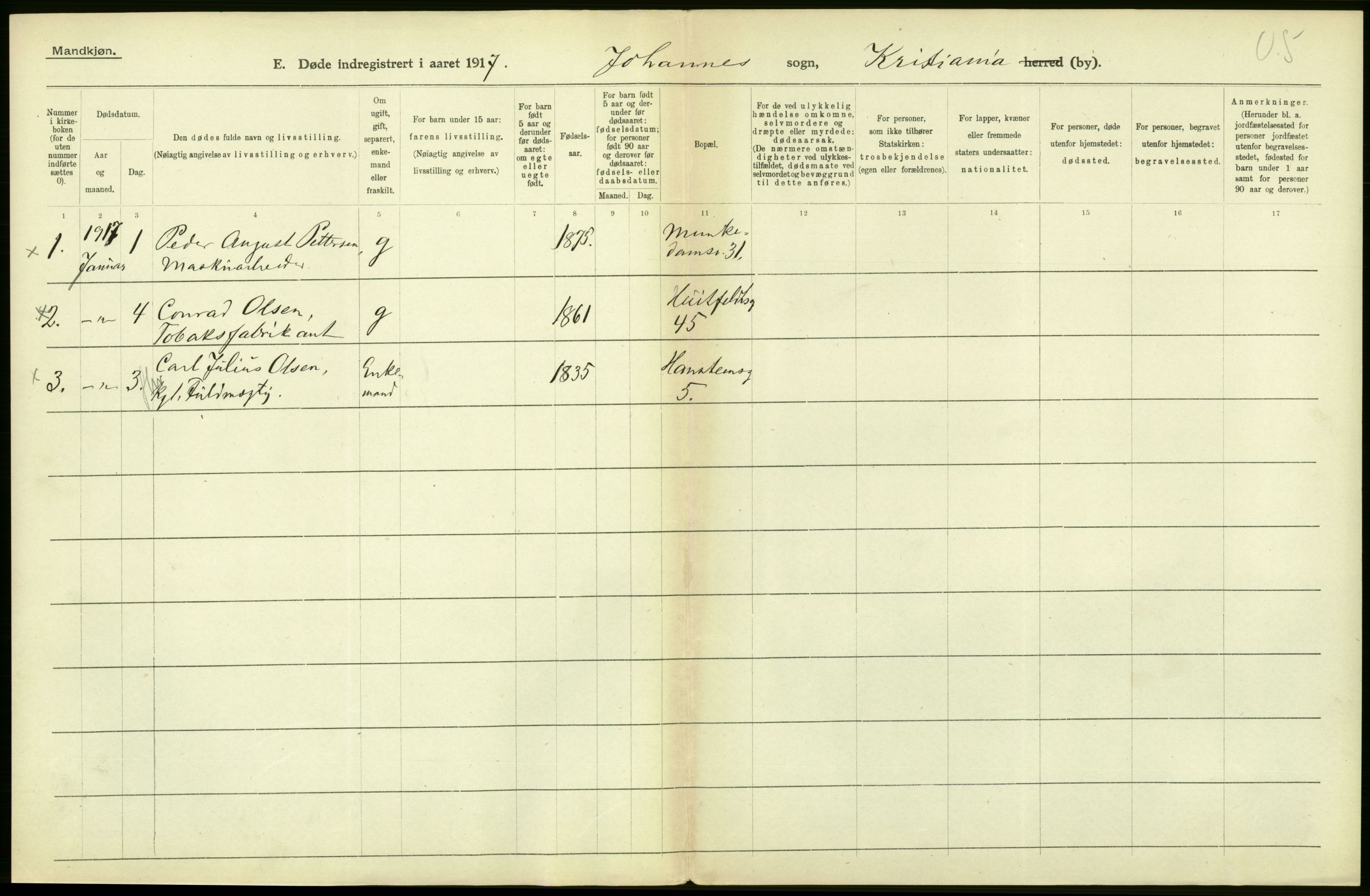 Statistisk sentralbyrå, Sosiodemografiske emner, Befolkning, AV/RA-S-2228/D/Df/Dfb/Dfbg/L0010: Kristiania: Døde, 1917, p. 488