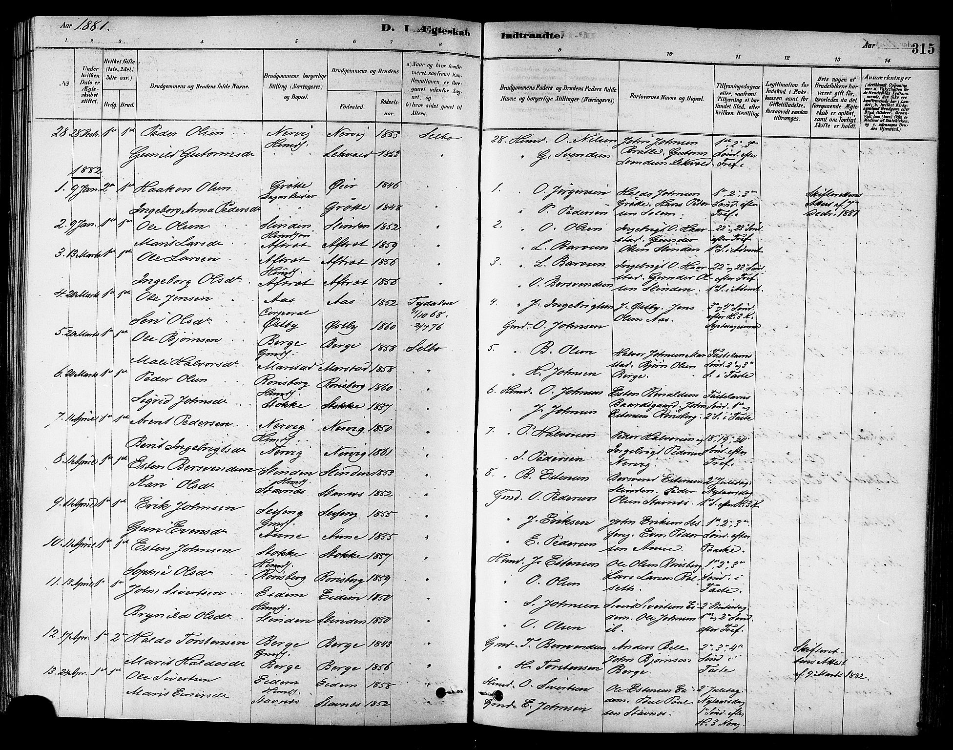 Ministerialprotokoller, klokkerbøker og fødselsregistre - Sør-Trøndelag, SAT/A-1456/695/L1148: Parish register (official) no. 695A08, 1878-1891, p. 315