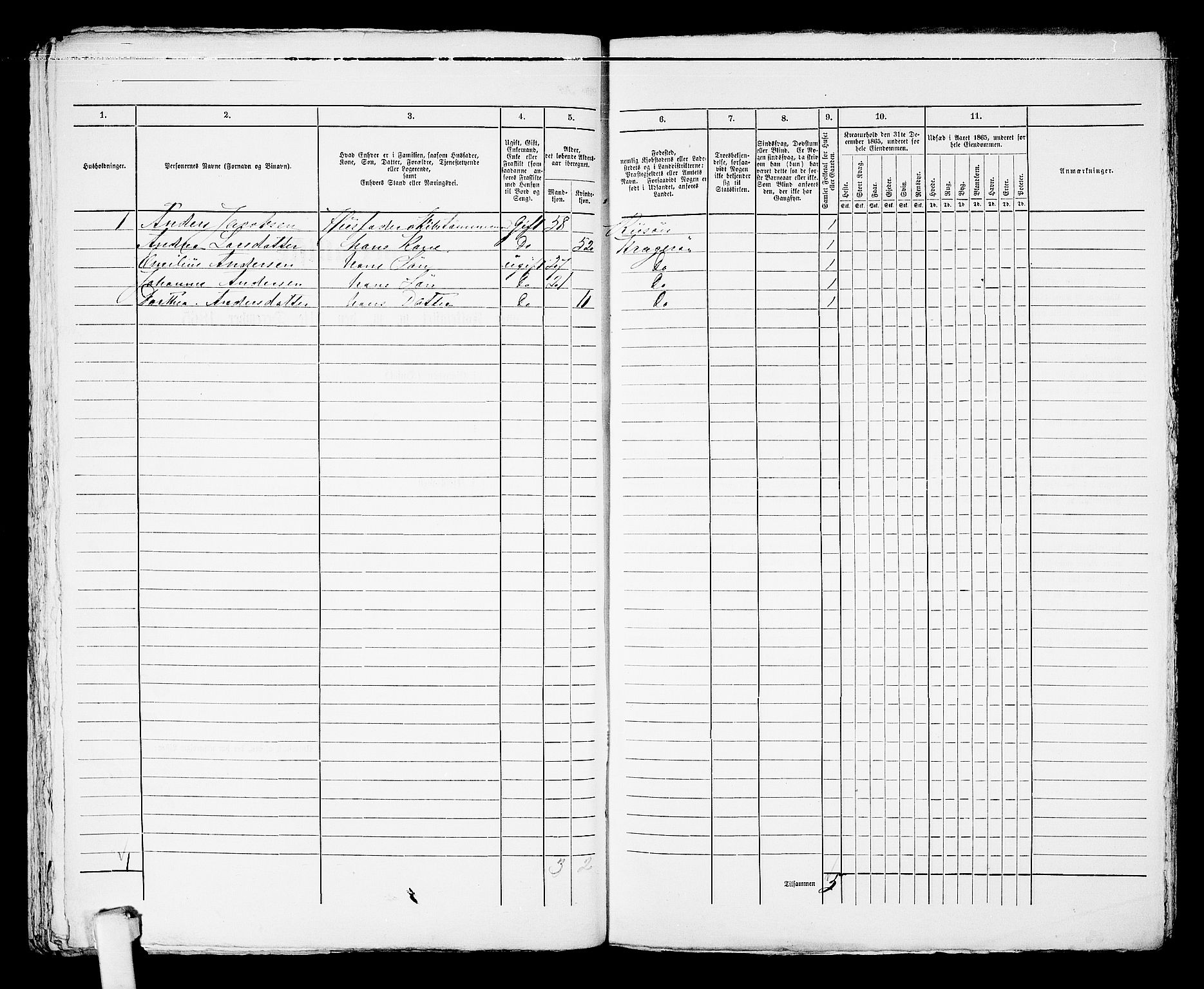 RA, 1865 census for Kragerø/Kragerø, 1865, p. 939