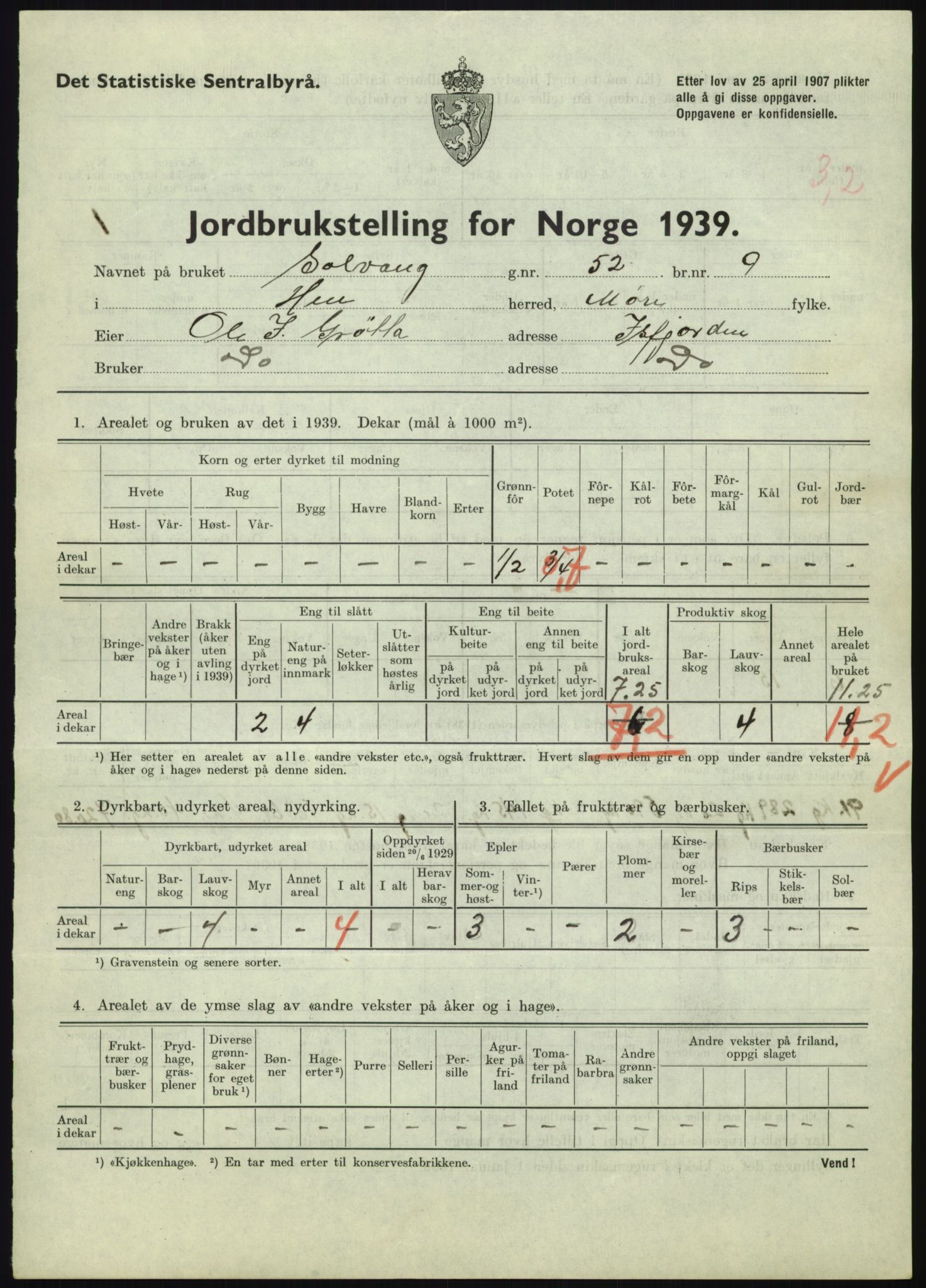 Statistisk sentralbyrå, Næringsøkonomiske emner, Jordbruk, skogbruk, jakt, fiske og fangst, AV/RA-S-2234/G/Gb/L0251: Møre og Romsdal: Voll, Eid, Grytten og Hen, 1939, p. 1091