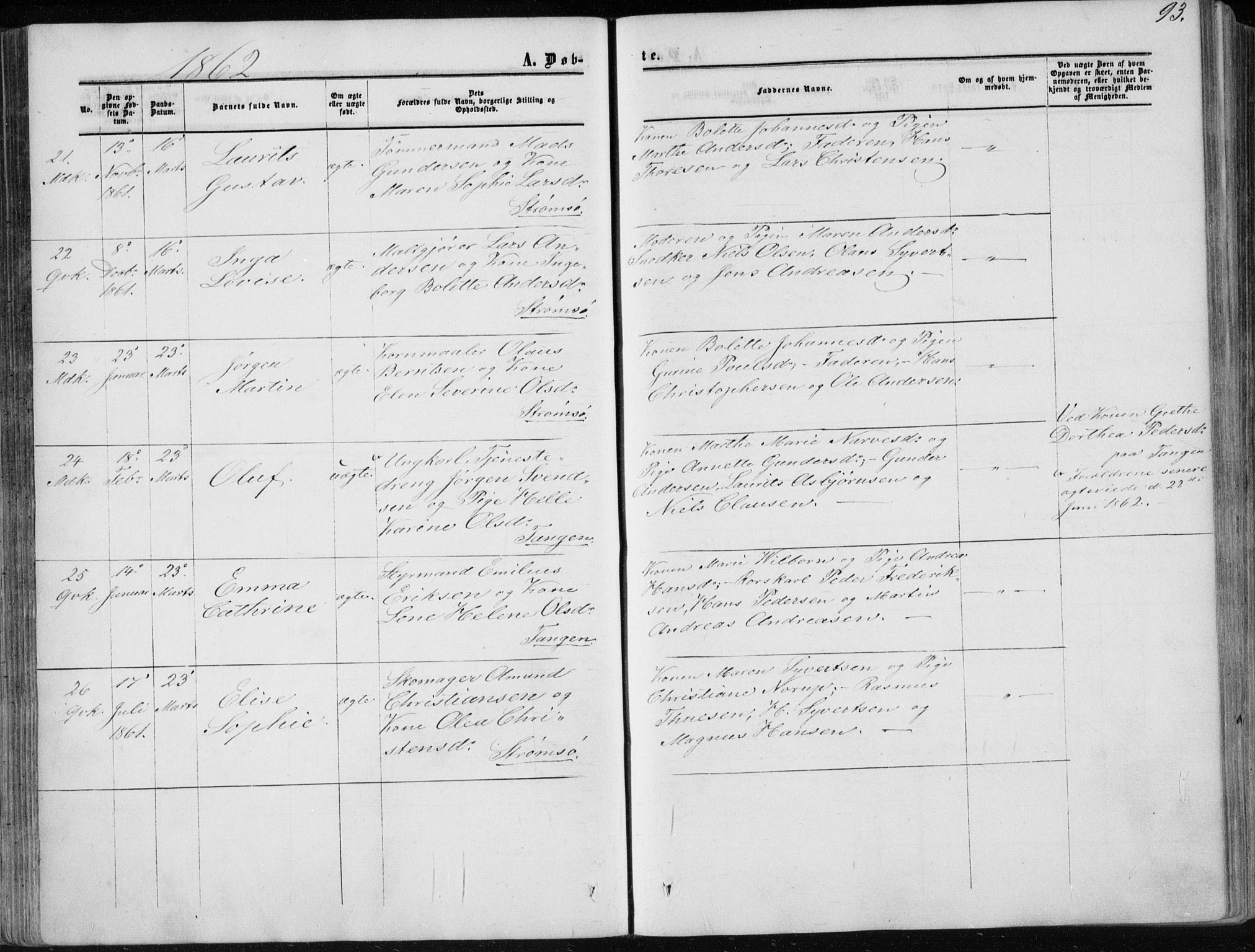 Strømsø kirkebøker, AV/SAKO-A-246/F/Fa/L0015: Parish register (official) no. I 15, 1859-1868, p. 93