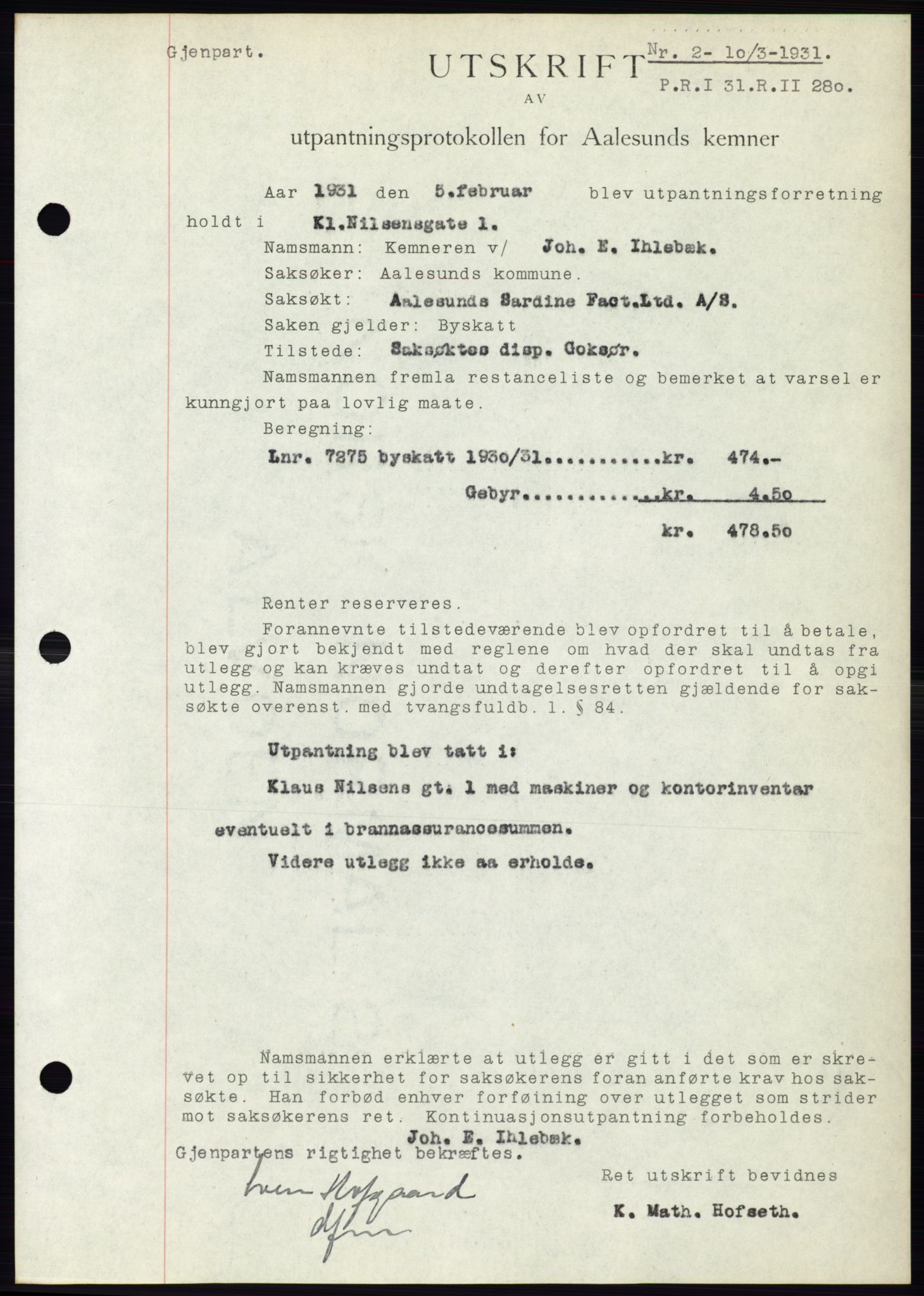 Ålesund byfogd, AV/SAT-A-4384: Mortgage book no. 27, 1930-1931, Deed date: 10.03.1931