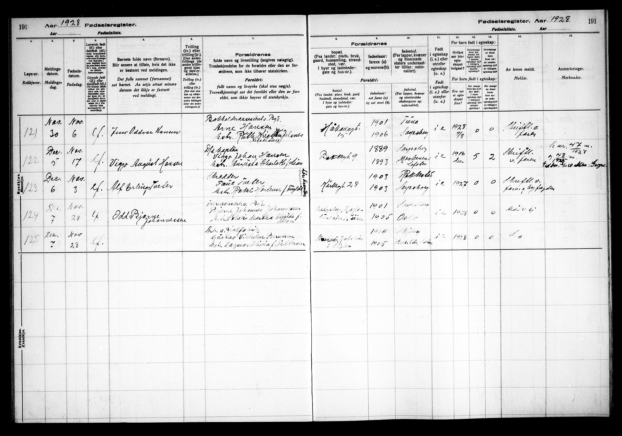 Sarpsborg prestekontor Kirkebøker, SAO/A-2006/J/Ja/L0002: Birth register no. 2, 1922-1928, p. 191