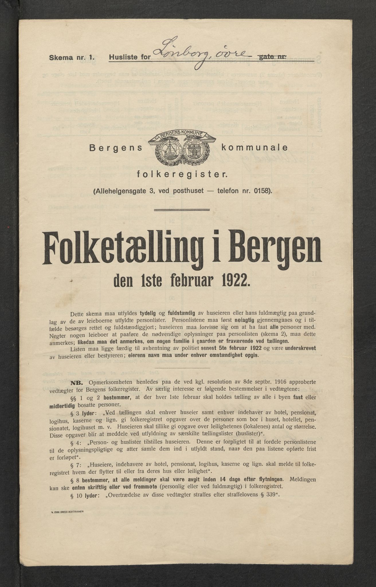 SAB, Municipal Census 1922 for Bergen, 1922, p. 23294