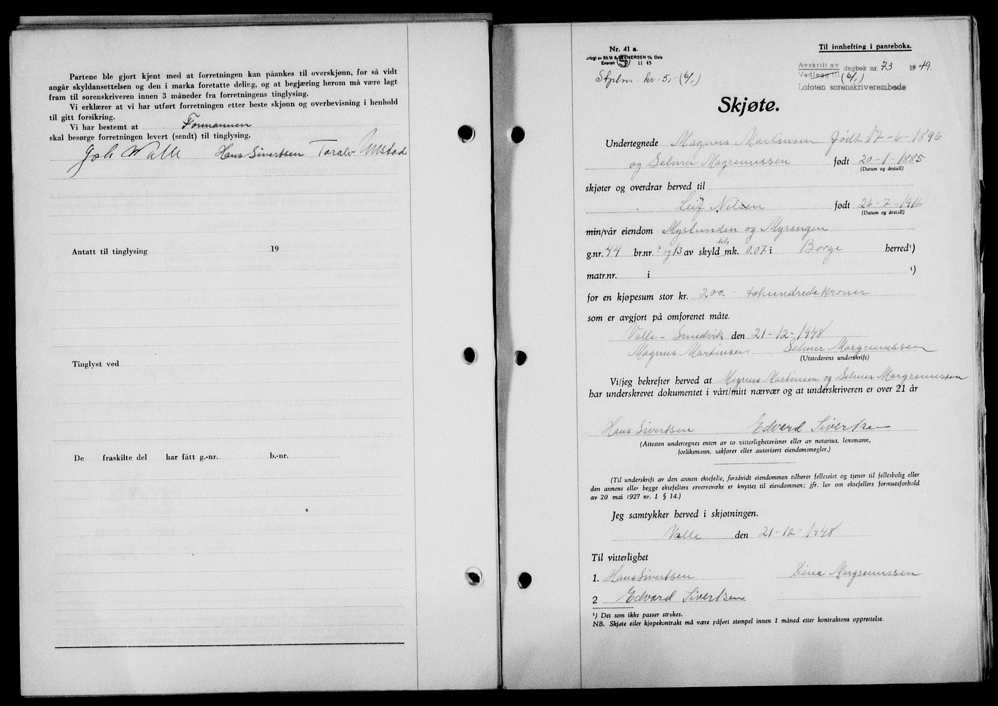 Lofoten sorenskriveri, SAT/A-0017/1/2/2C/L0020a: Mortgage book no. 20a, 1948-1949, Diary no: : 73/1949
