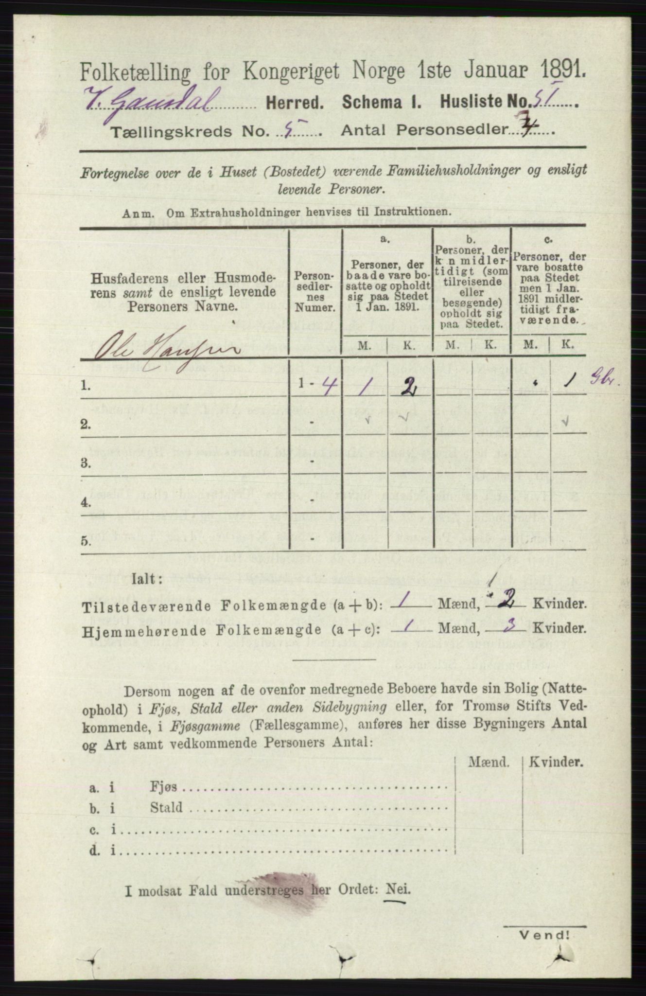 RA, 1891 census for 0523 Vestre Gausdal, 1891, p. 2168