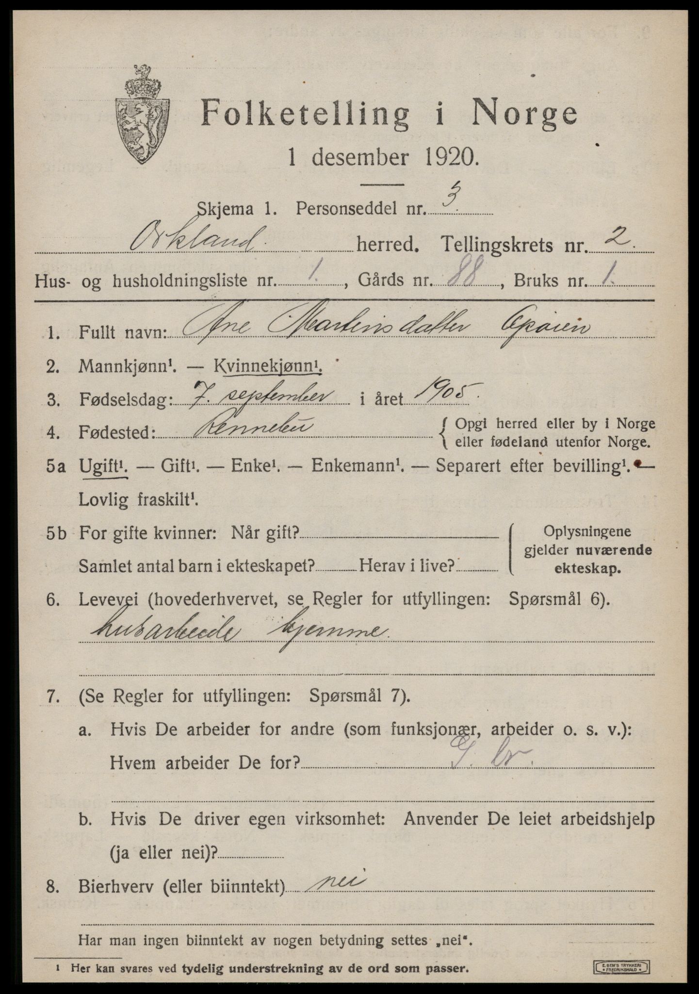 SAT, 1920 census for Orkland, 1920, p. 1678