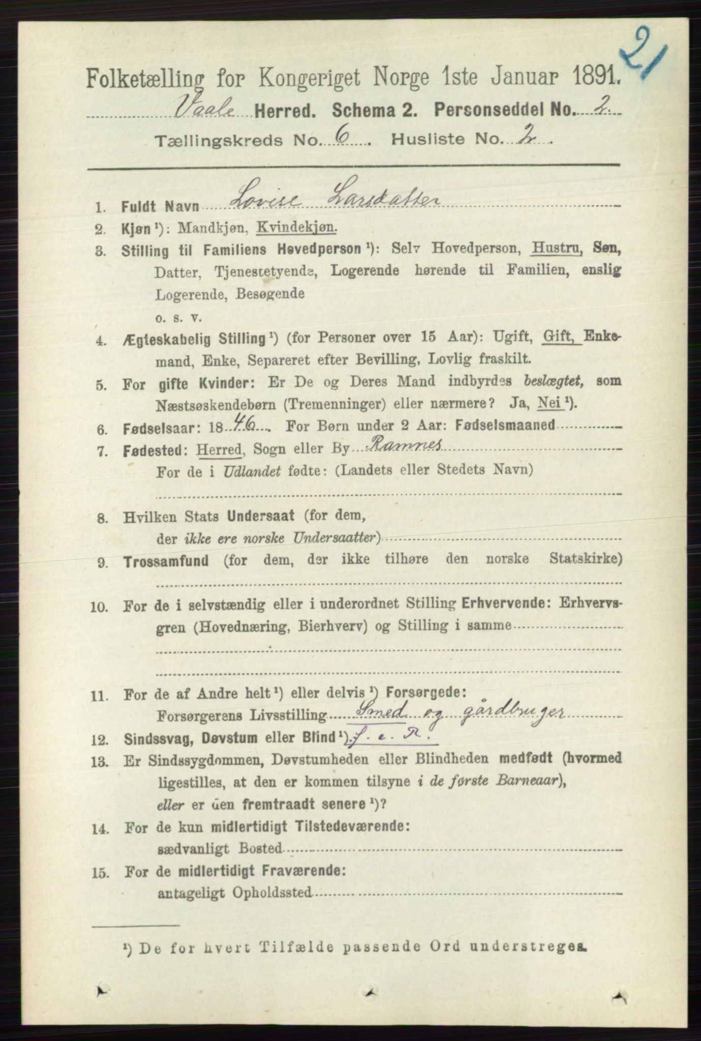 RA, 1891 census for 0716 Våle, 1891, p. 1787