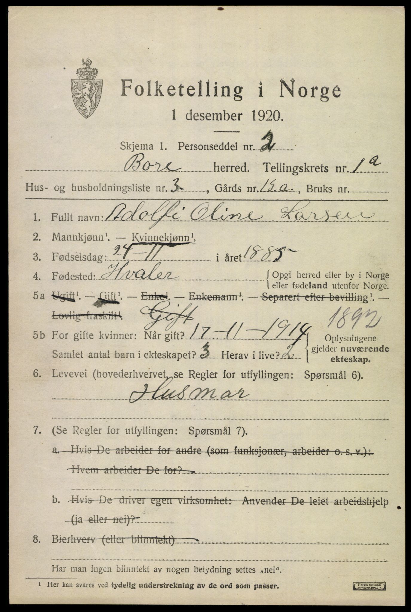 SAKO, 1920 census for Borre, 1920, p. 1410