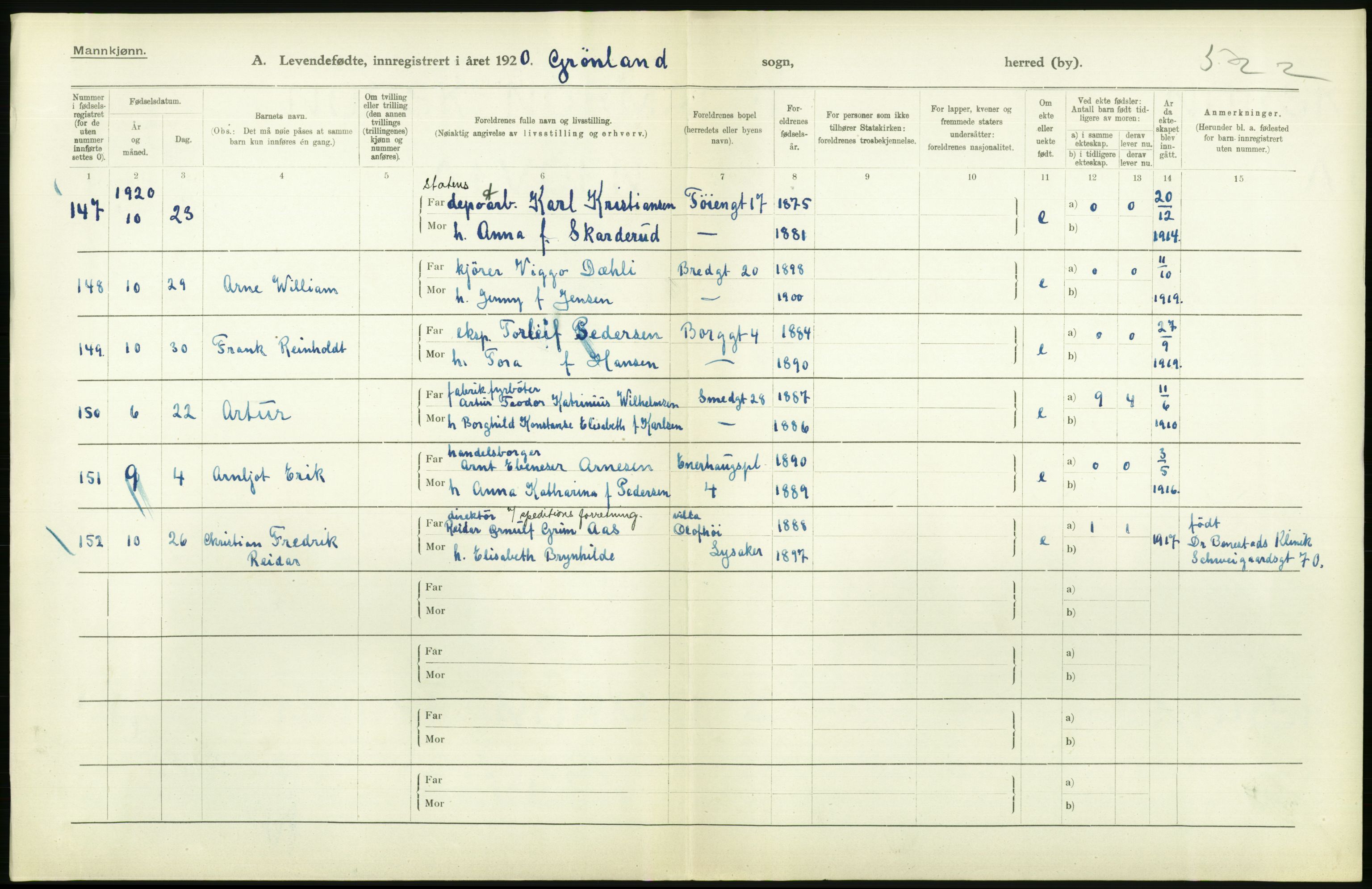 Statistisk sentralbyrå, Sosiodemografiske emner, Befolkning, AV/RA-S-2228/D/Df/Dfb/Dfbj/L0008: Kristiania: Levendefødte menn og kvinner., 1920, p. 146