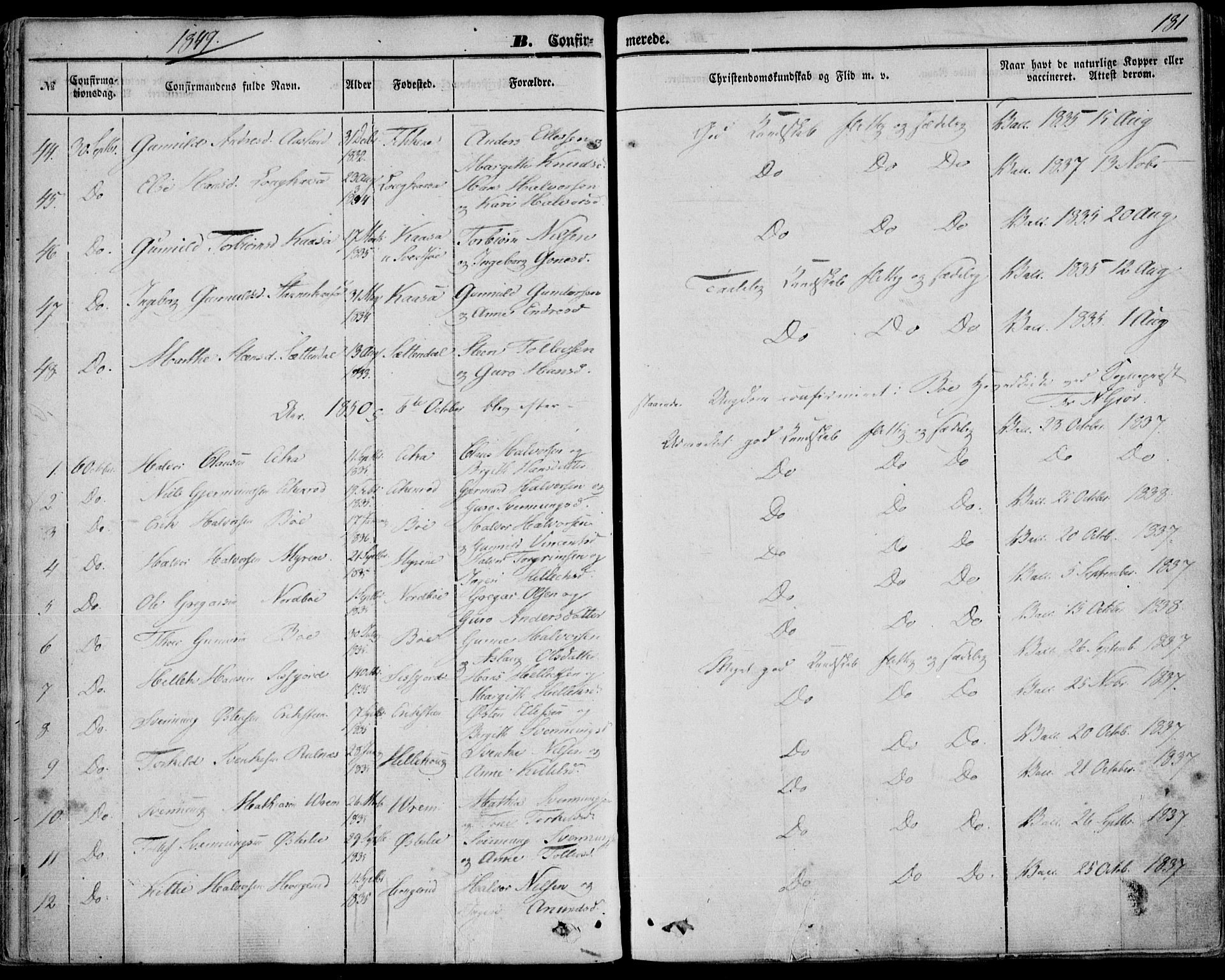 Bø kirkebøker, AV/SAKO-A-257/F/Fa/L0008: Parish register (official) no. 8, 1849-1861, p. 181