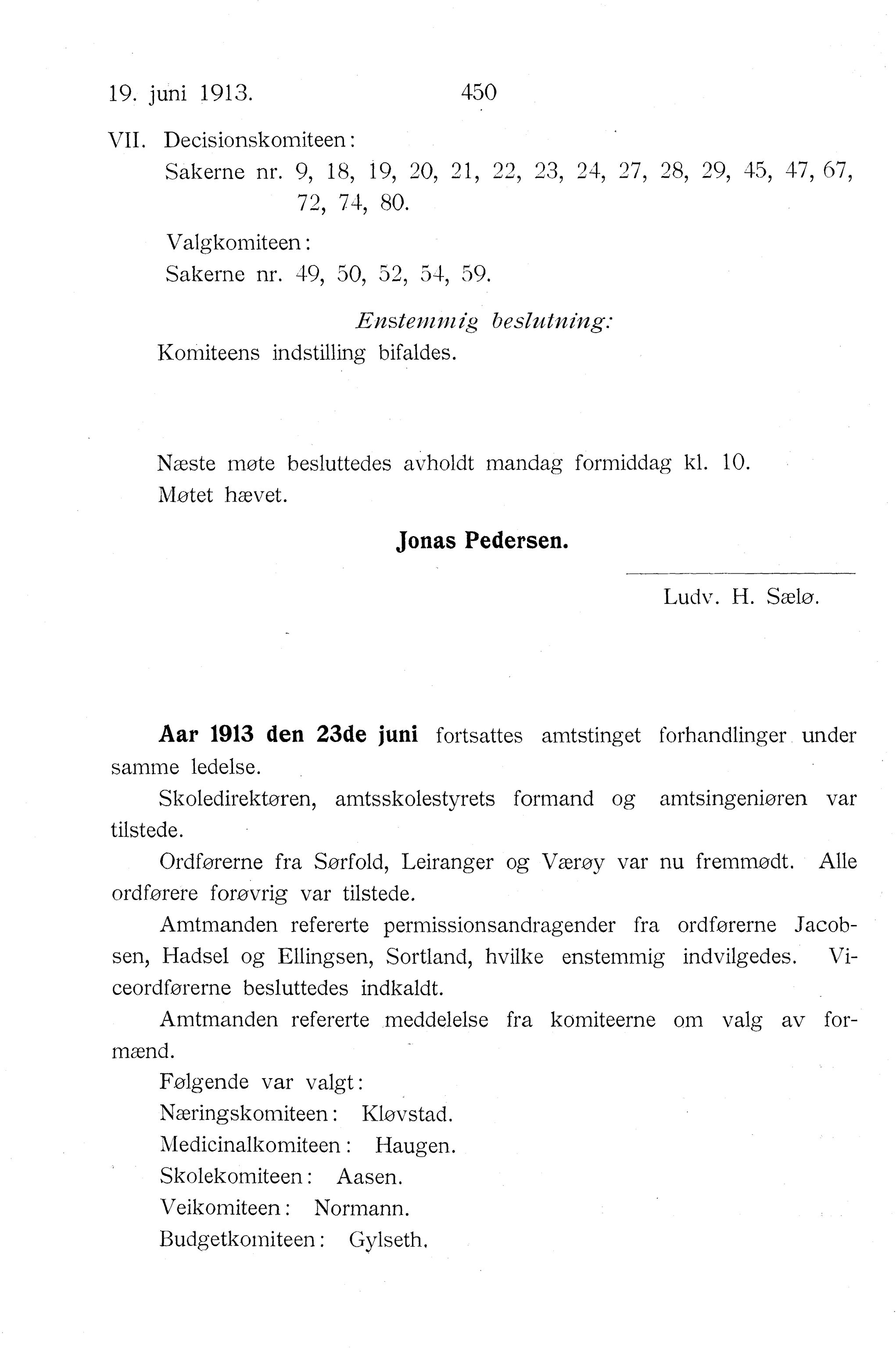 Nordland Fylkeskommune. Fylkestinget, AIN/NFK-17/176/A/Ac/L0036: Fylkestingsforhandlinger 1913, 1913, p. 450