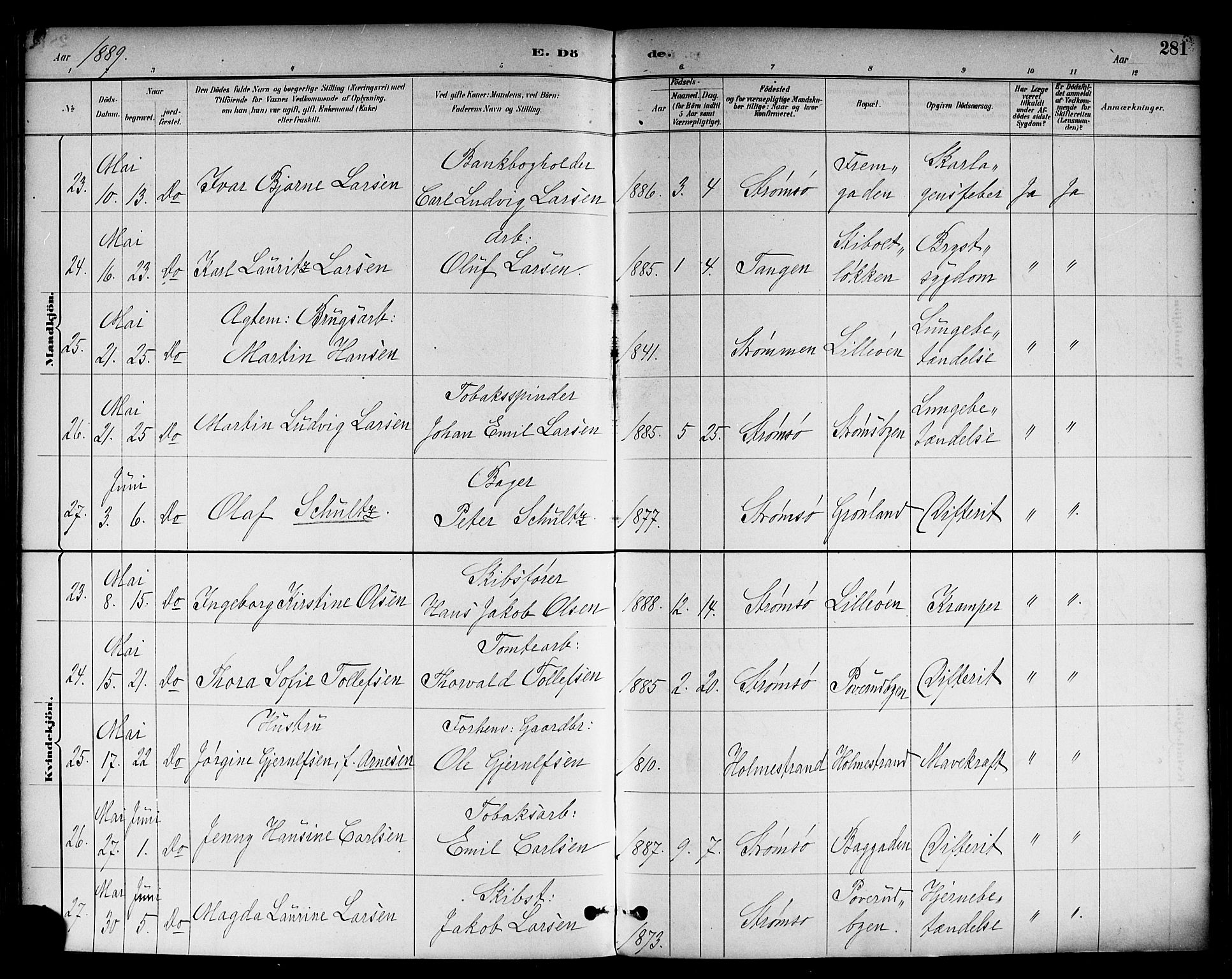 Strømsø kirkebøker, AV/SAKO-A-246/F/Fa/L0023: Parish register (official) no. I 23, 1885-1894, p. 281