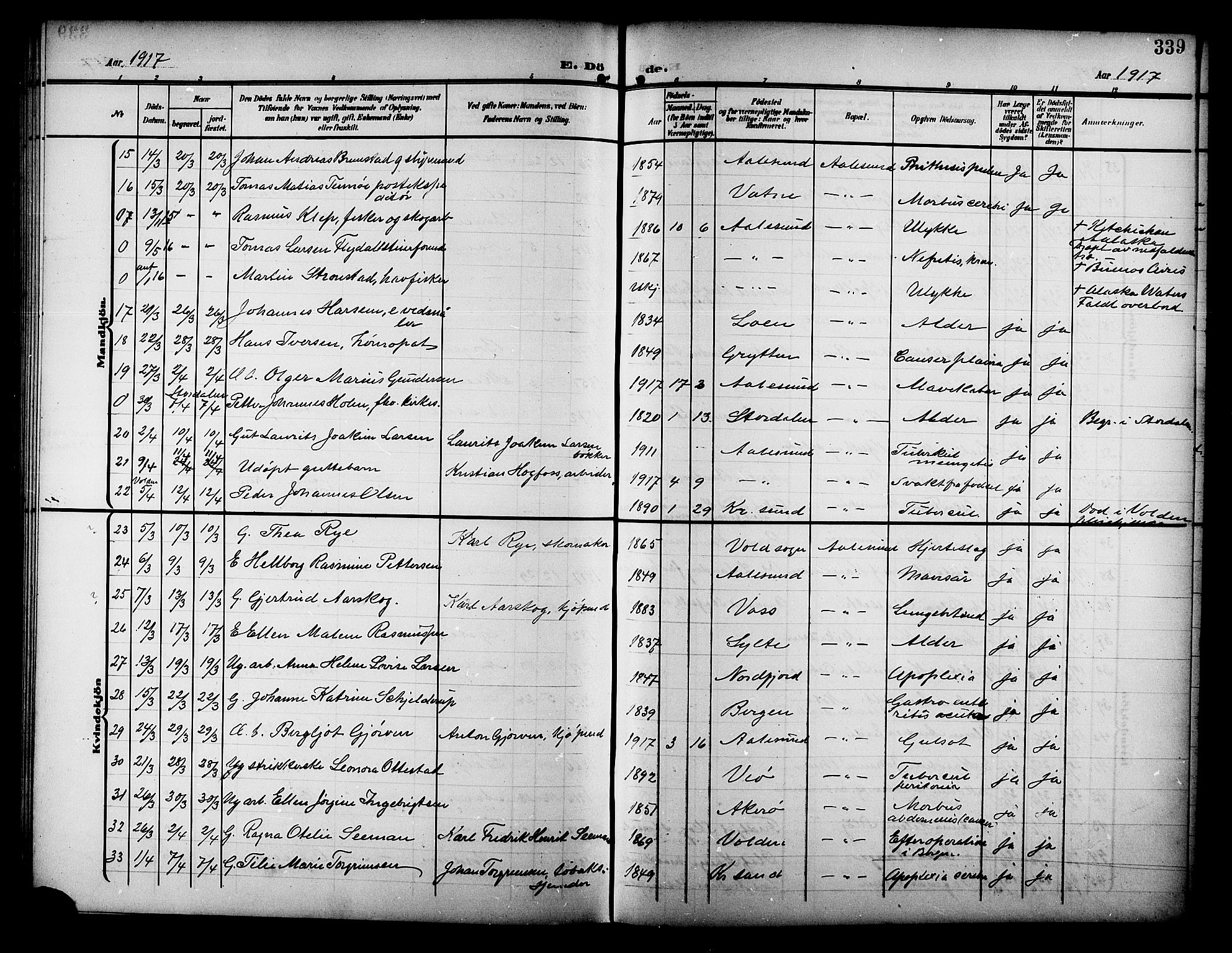 Ministerialprotokoller, klokkerbøker og fødselsregistre - Møre og Romsdal, SAT/A-1454/529/L0470: Parish register (copy) no. 529C07, 1907-1917, p. 339