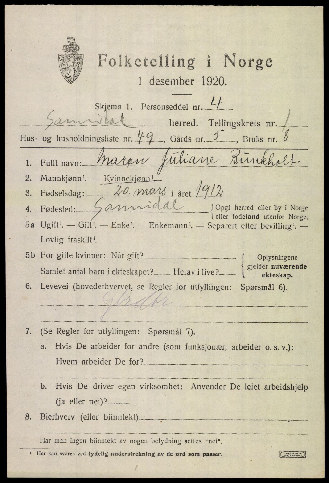 SAKO, 1920 census for Sannidal, 1920, p. 1621