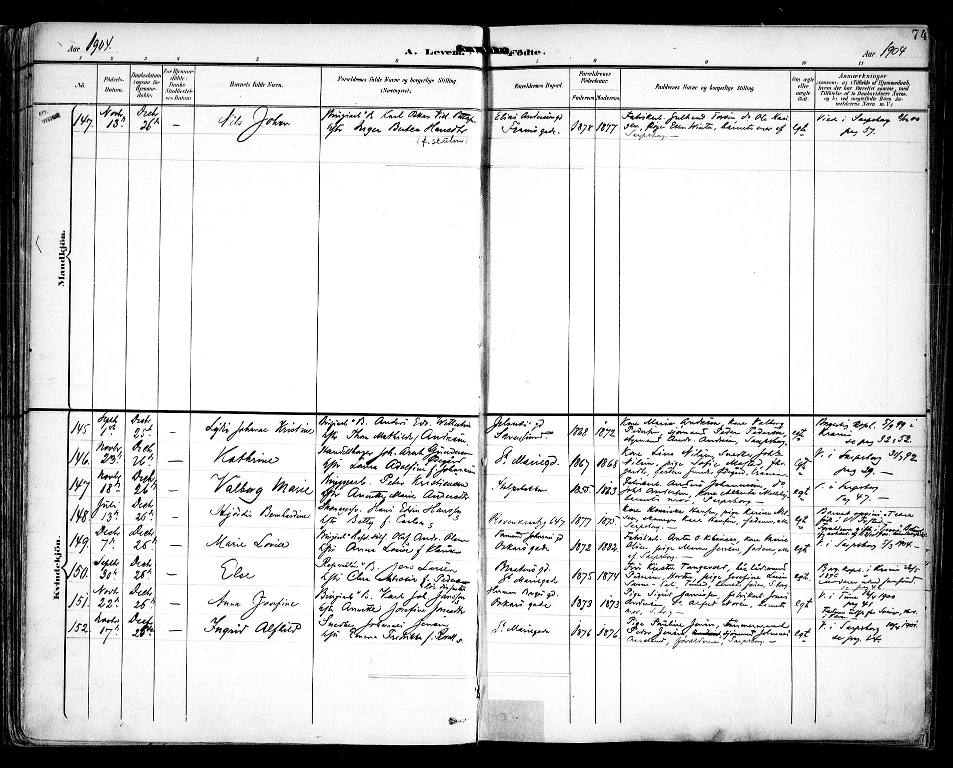 Sarpsborg prestekontor Kirkebøker, SAO/A-2006/F/Fa/L0005: Parish register (official) no. 5, 1900-1909, p. 74