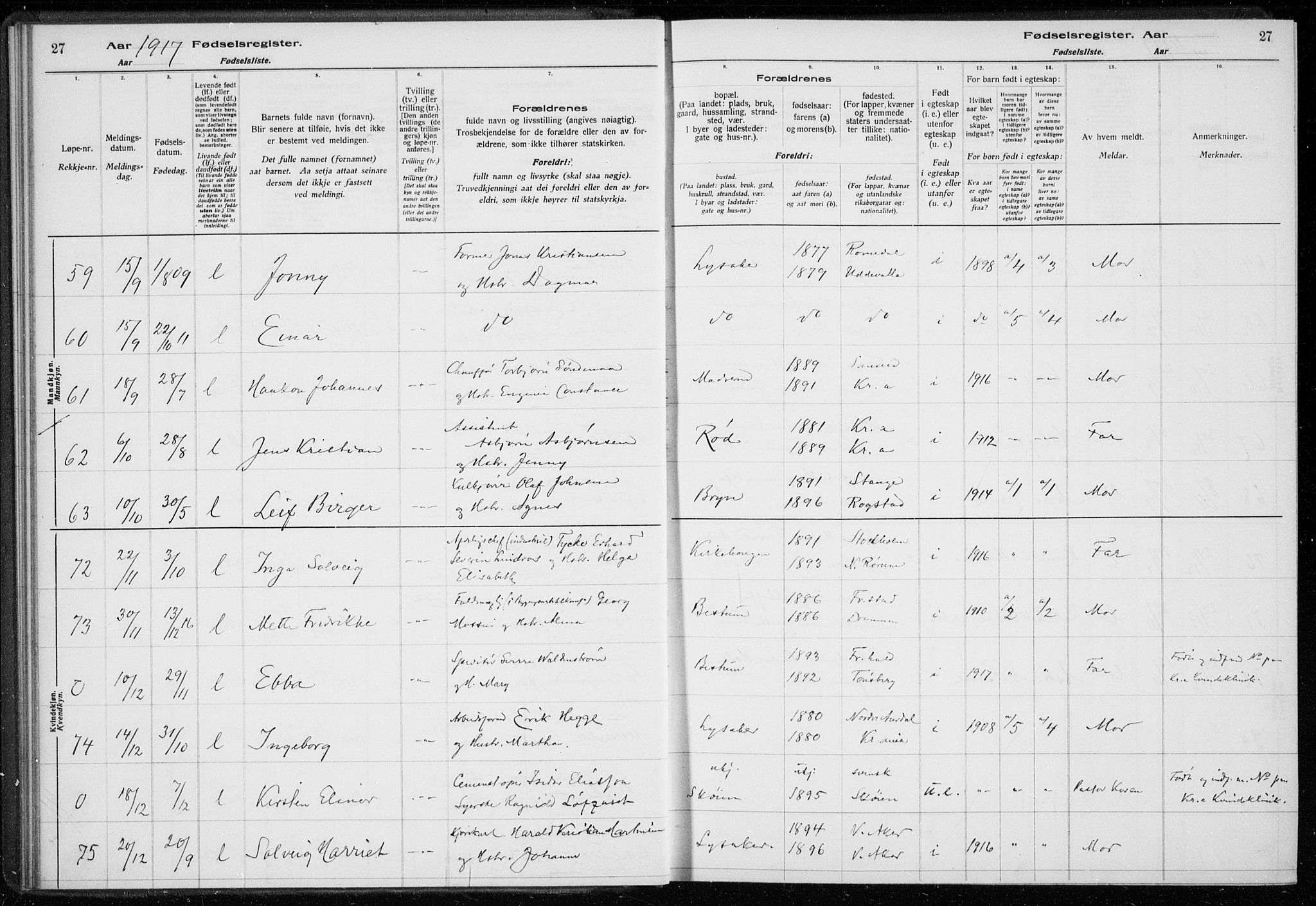 Ullern prestekontor Kirkebøker, SAO/A-10740/J/L0001: Birth register no. 1, 1916-1928, p. 27