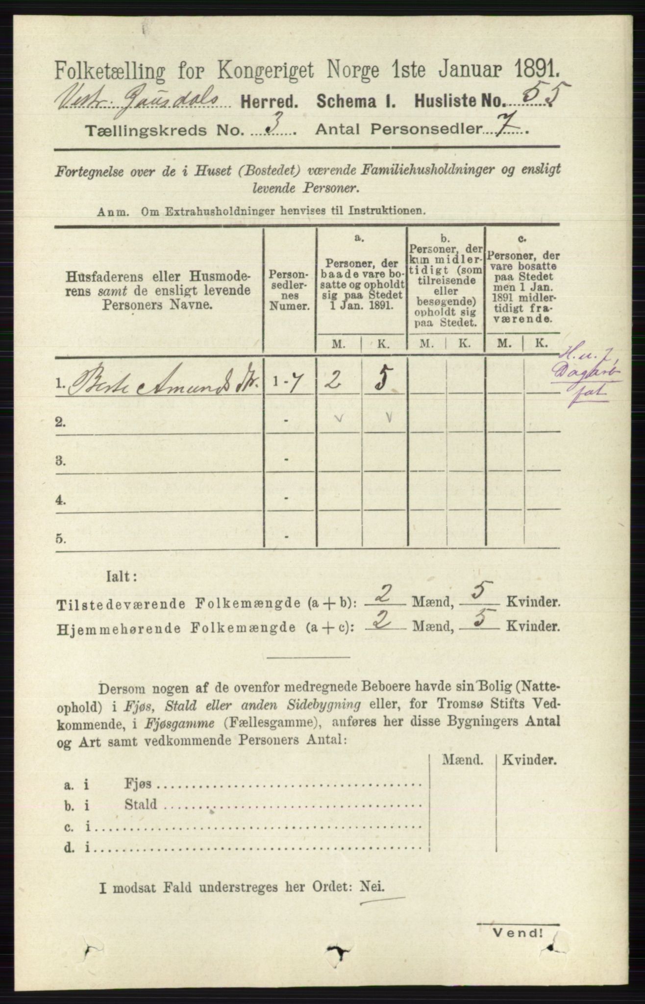 RA, 1891 census for 0523 Vestre Gausdal, 1891, p. 1249