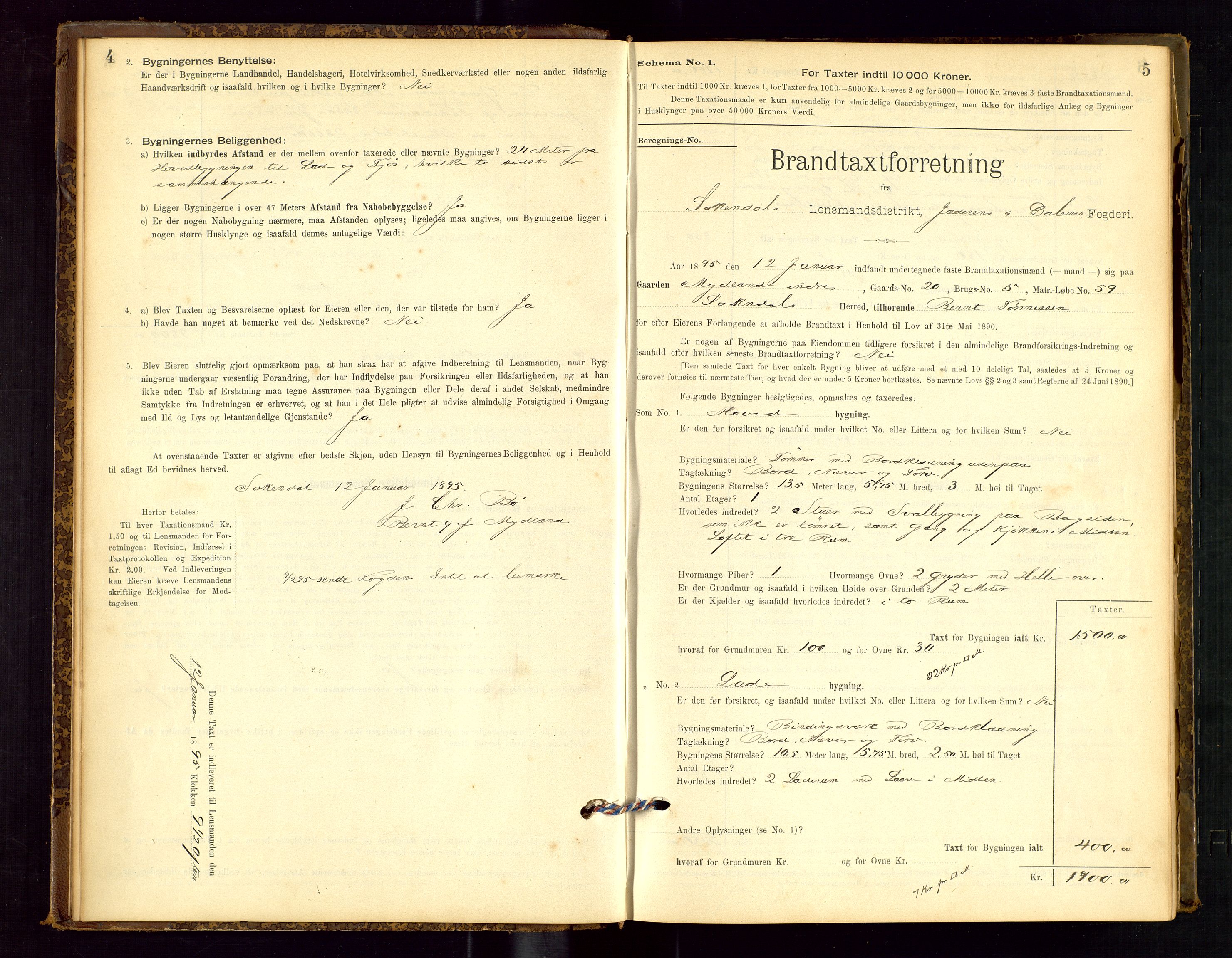 Sokndal lensmannskontor, AV/SAST-A-100417/Gob/L0001: "Brandtaxt-Protokol", 1895-1902, p. 4-5