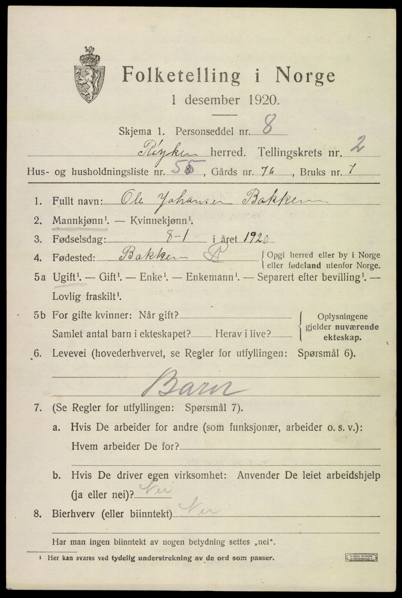SAKO, 1920 census for Røyken, 1920, p. 3608
