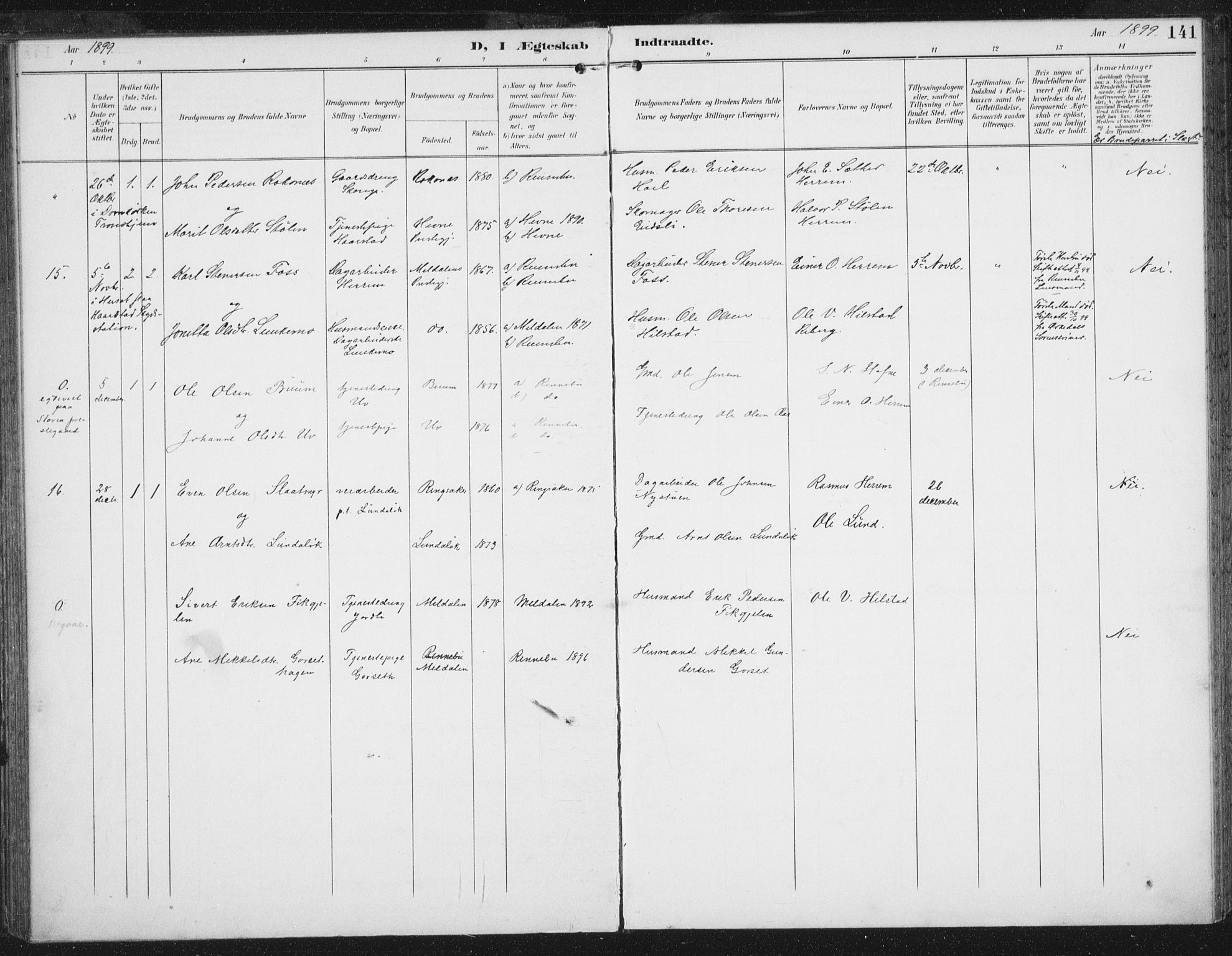 Ministerialprotokoller, klokkerbøker og fødselsregistre - Sør-Trøndelag, SAT/A-1456/674/L0872: Parish register (official) no. 674A04, 1897-1907, p. 141