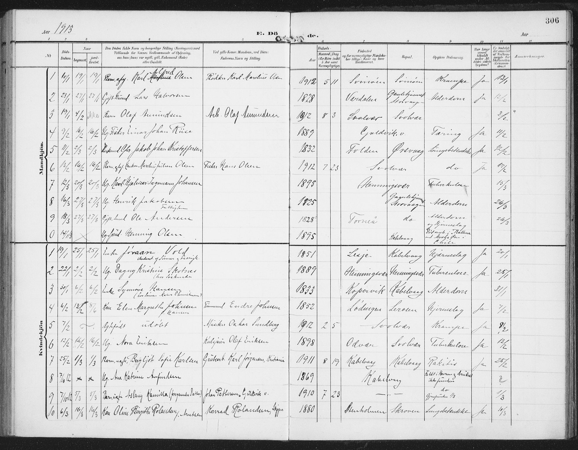 Ministerialprotokoller, klokkerbøker og fødselsregistre - Nordland, SAT/A-1459/874/L1063: Parish register (official) no. 874A07, 1907-1915, p. 306
