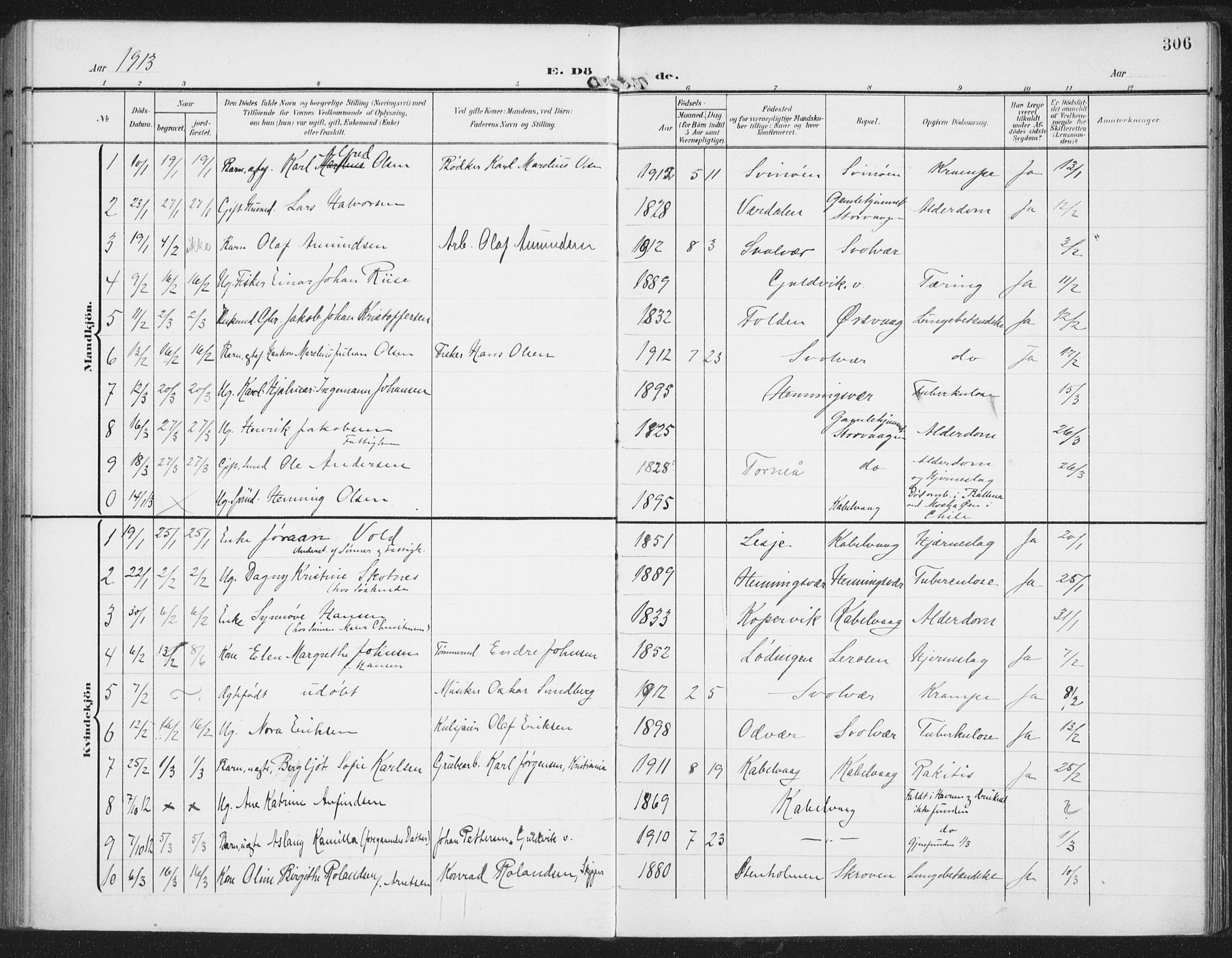 Ministerialprotokoller, klokkerbøker og fødselsregistre - Nordland, AV/SAT-A-1459/874/L1063: Parish register (official) no. 874A07, 1907-1915, p. 306