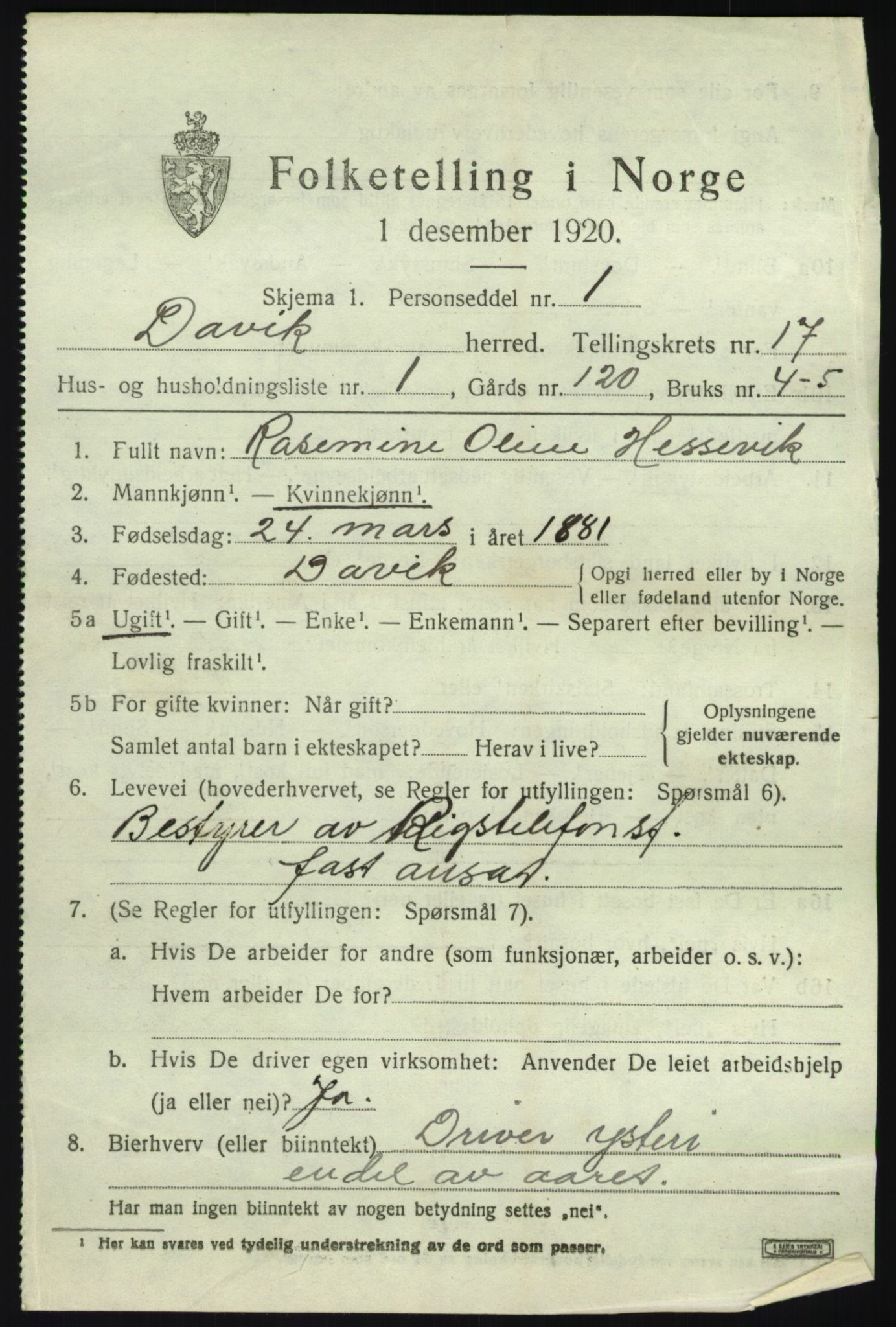 SAB, 1920 census for Davik, 1920, p. 7679