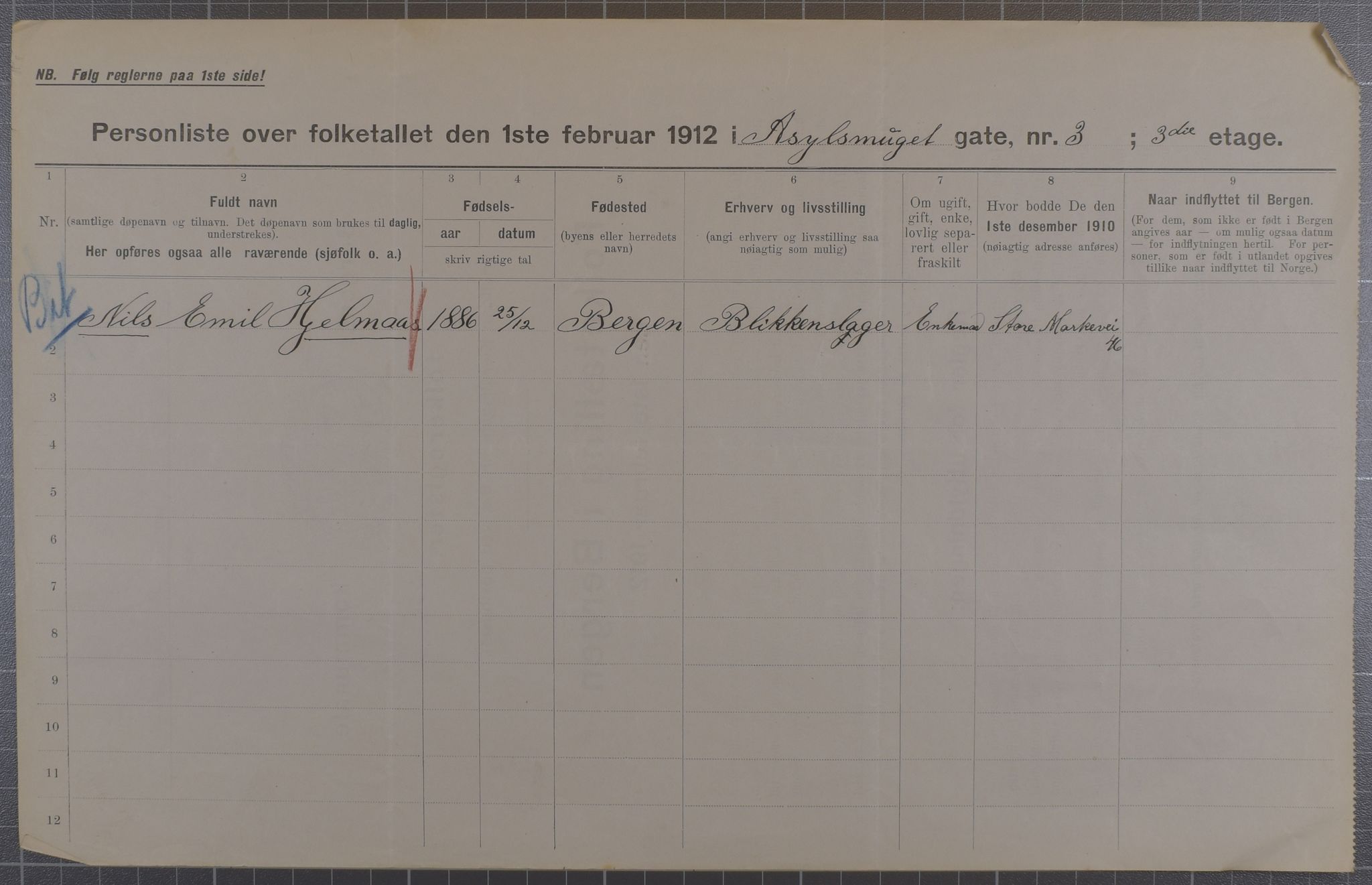 SAB, Municipal Census 1912 for Bergen, 1912, p. 1722