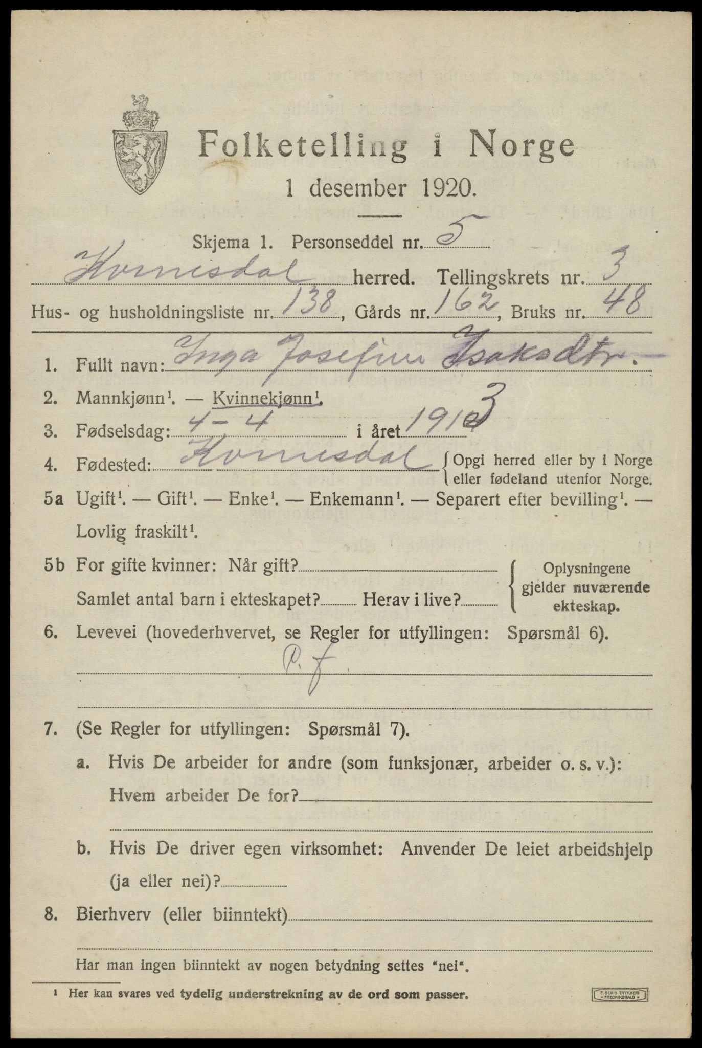 SAK, 1920 census for Kvinesdal, 1920, p. 4479