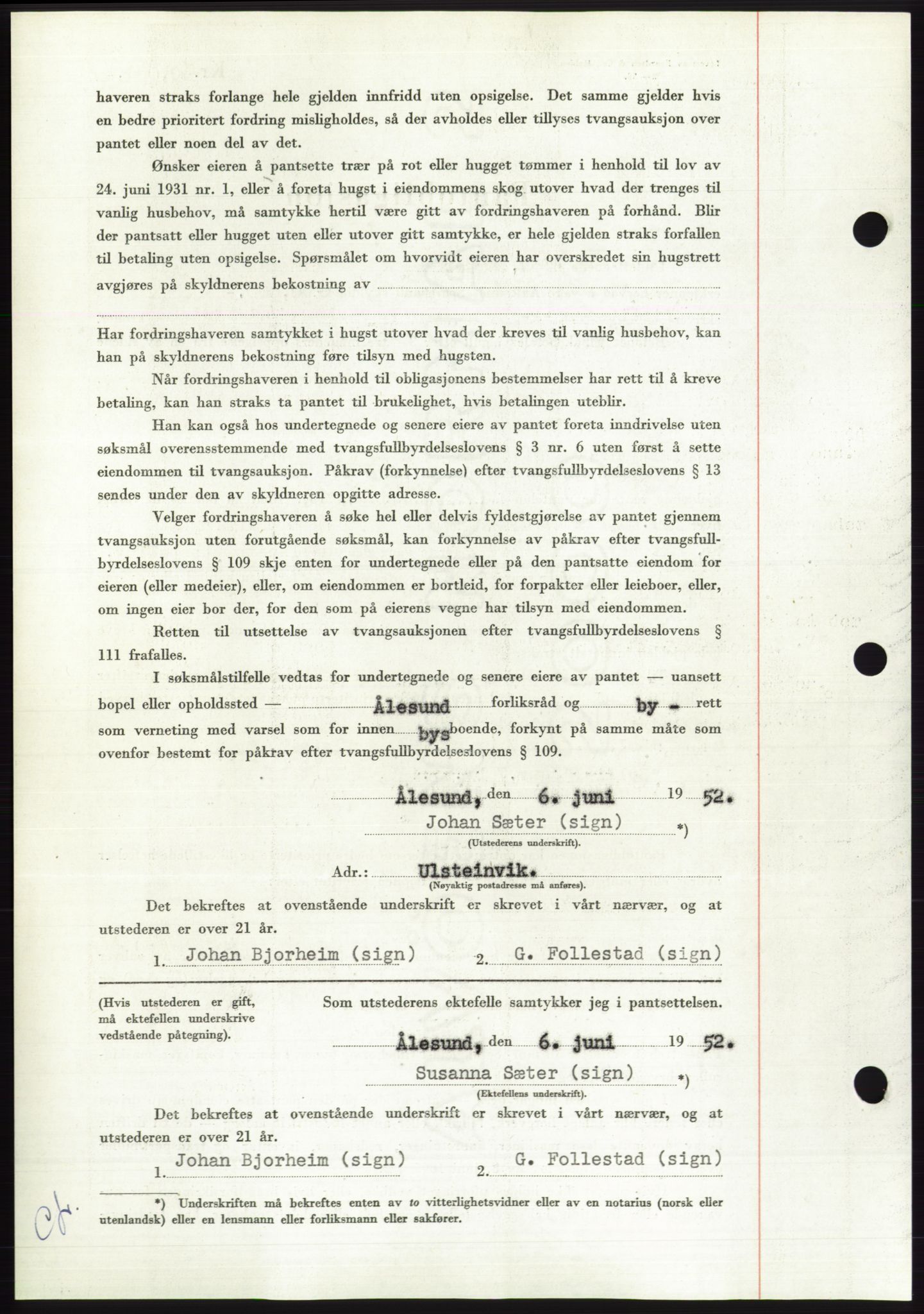 Søre Sunnmøre sorenskriveri, AV/SAT-A-4122/1/2/2C/L0121: Mortgage book no. 9B, 1951-1952, Diary no: : 1141/1952