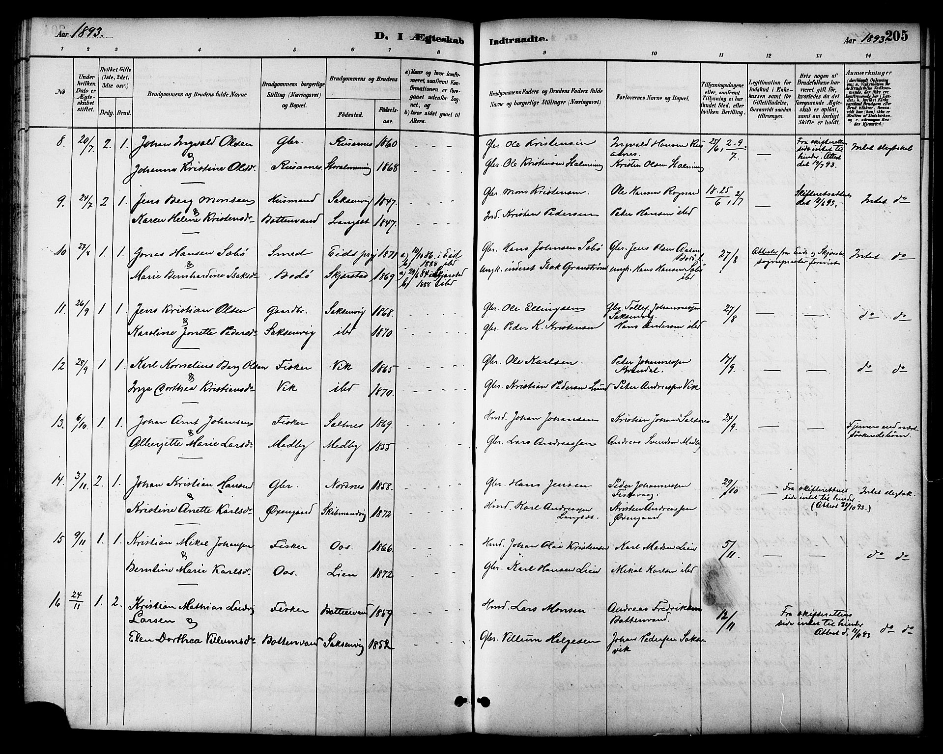 Ministerialprotokoller, klokkerbøker og fødselsregistre - Nordland, AV/SAT-A-1459/847/L0669: Parish register (official) no. 847A09, 1887-1901, p. 205