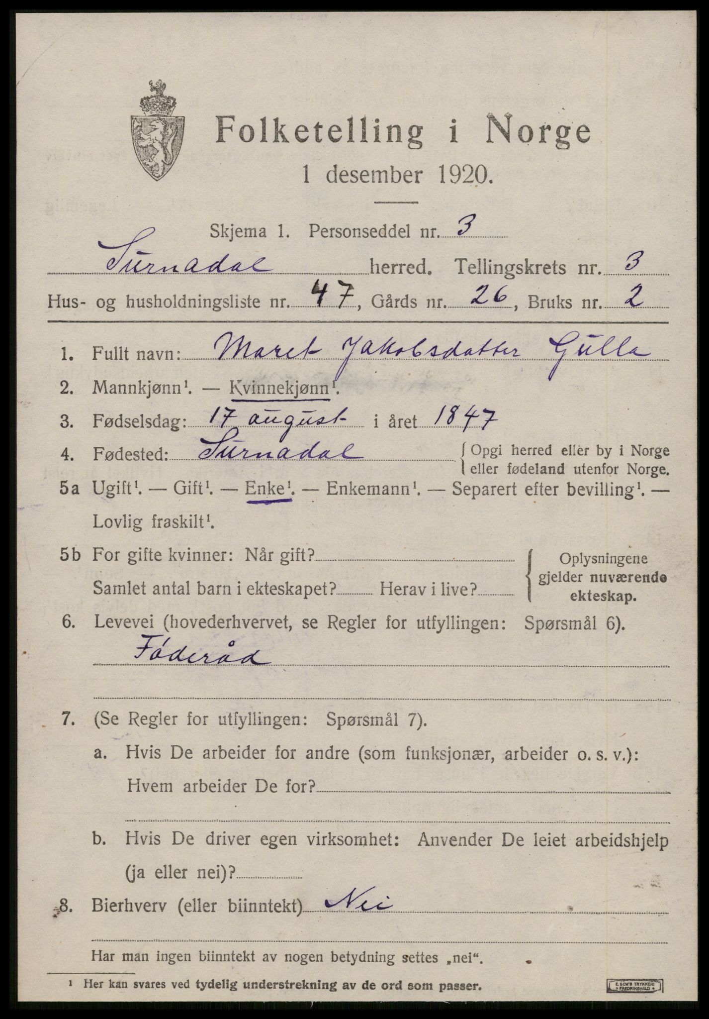 SAT, 1920 census for Surnadal, 1920, p. 3093