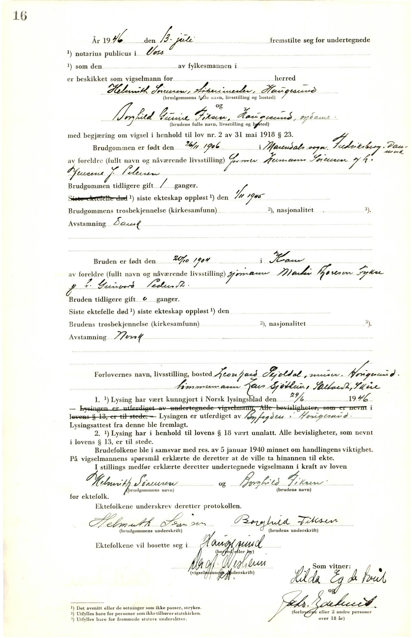 Voss sorenskrivar, AV/SAB-A-2701/M/Maa/L0003: Vigselbok, 1945-1969, p. 16