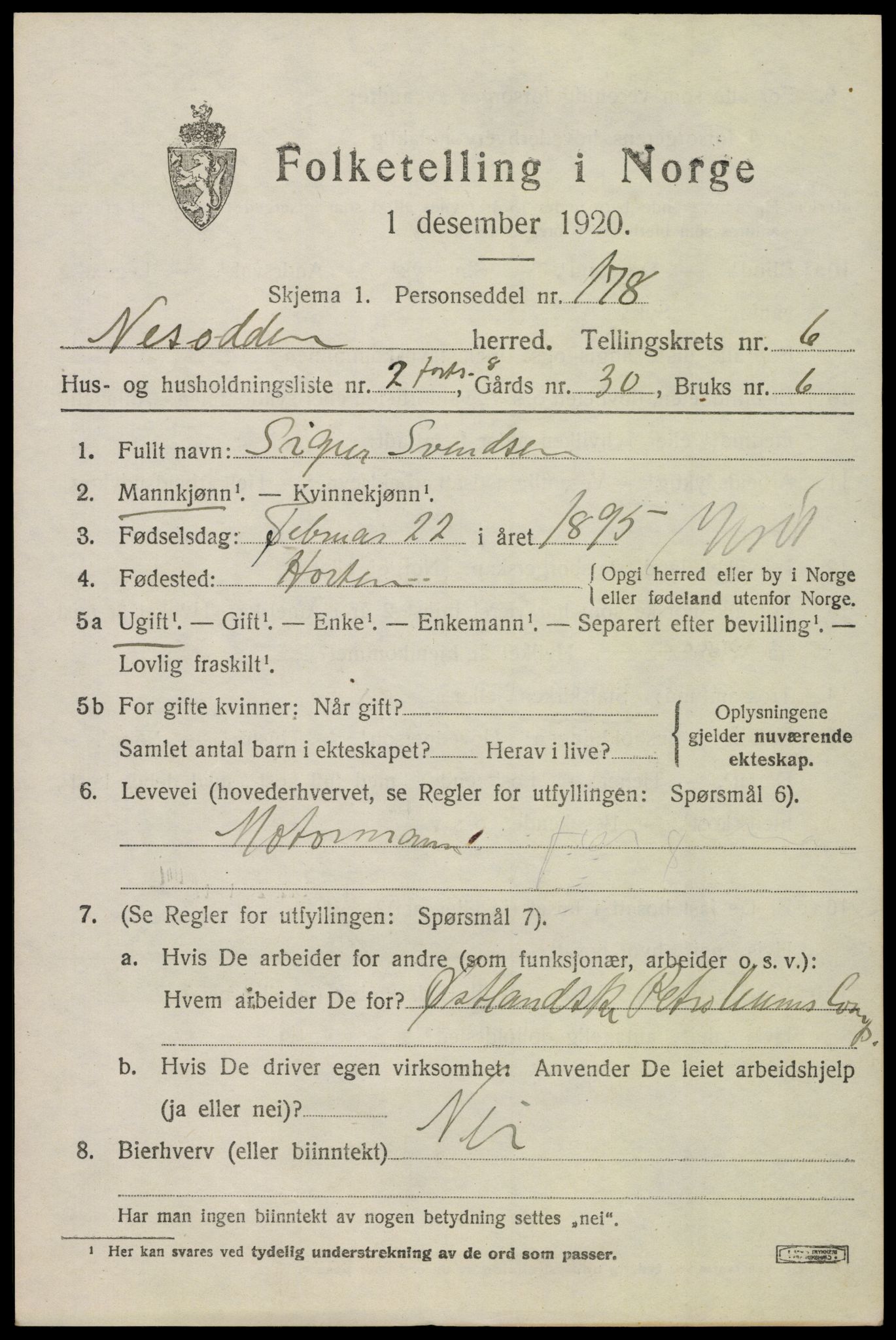 SAO, 1920 census for Nesodden, 1920, p. 5489