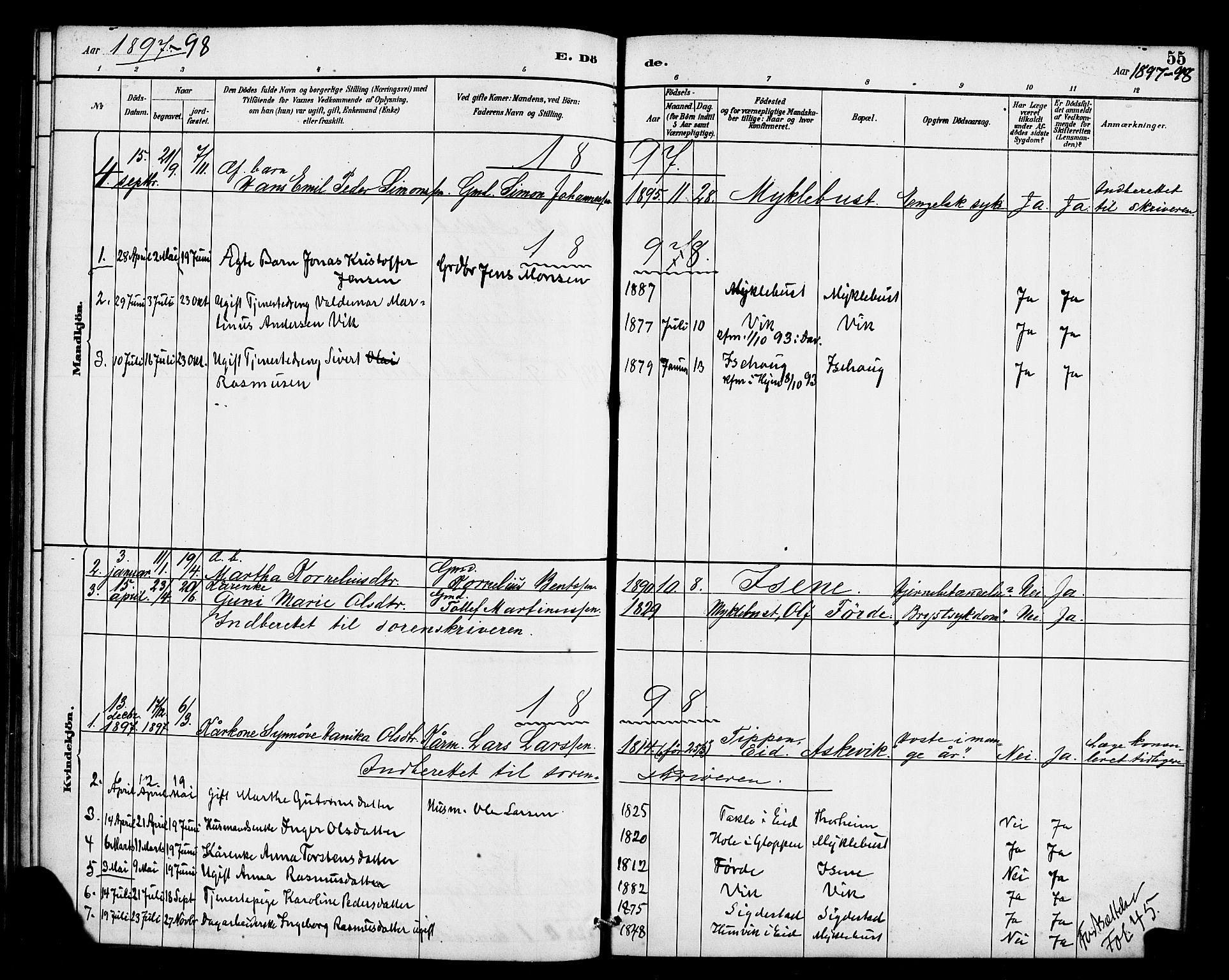 Davik sokneprestembete, SAB/A-79701/H/Haa/Haae/L0001: Parish register (official) no. E 1, 1882-1900, p. 55
