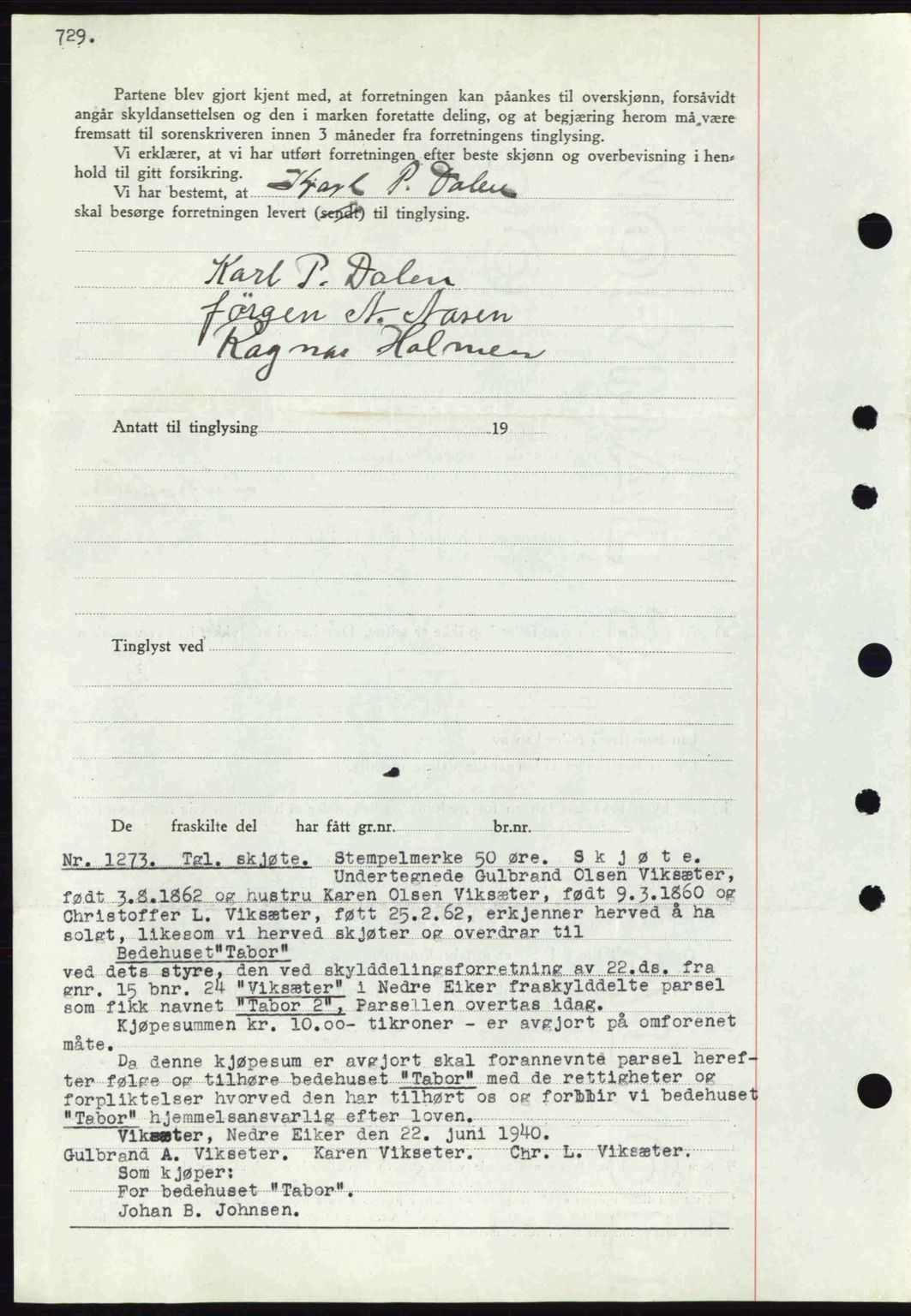 Eiker, Modum og Sigdal sorenskriveri, SAKO/A-123/G/Ga/Gab/L0043: Mortgage book no. A13, 1940-1941, Diary no: : 1273/1941