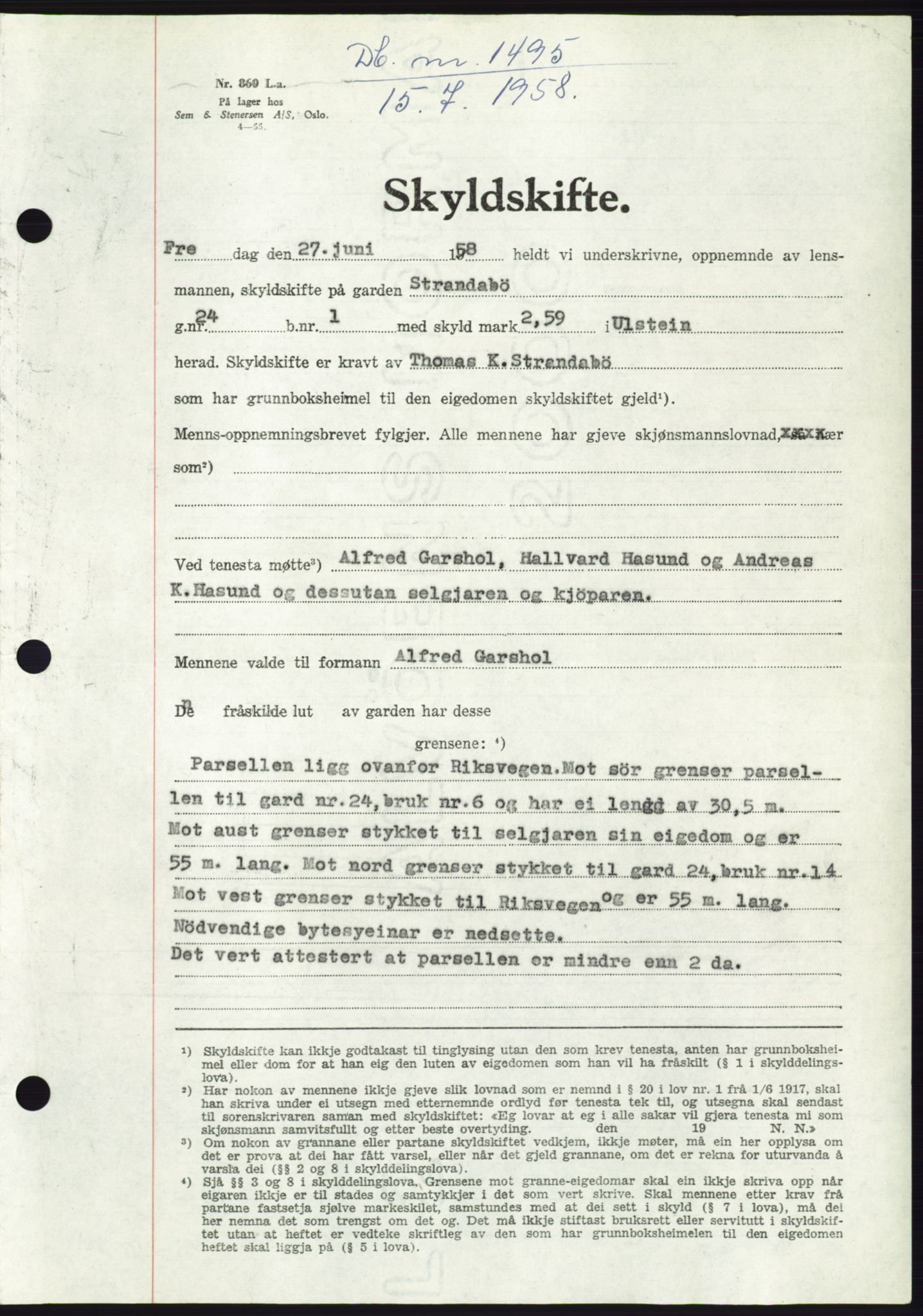 Søre Sunnmøre sorenskriveri, AV/SAT-A-4122/1/2/2C/L0110: Mortgage book no. 36A, 1958-1958, Diary no: : 1495/1958